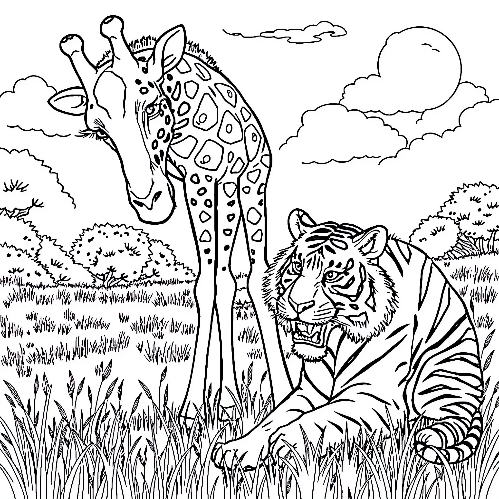 Giraffe and Tiger in the Wilderness Coloring Page (free black-and-white line drawing printable PDF for all, from beginners to advanced learners, including children, teens, adults, and seniors)