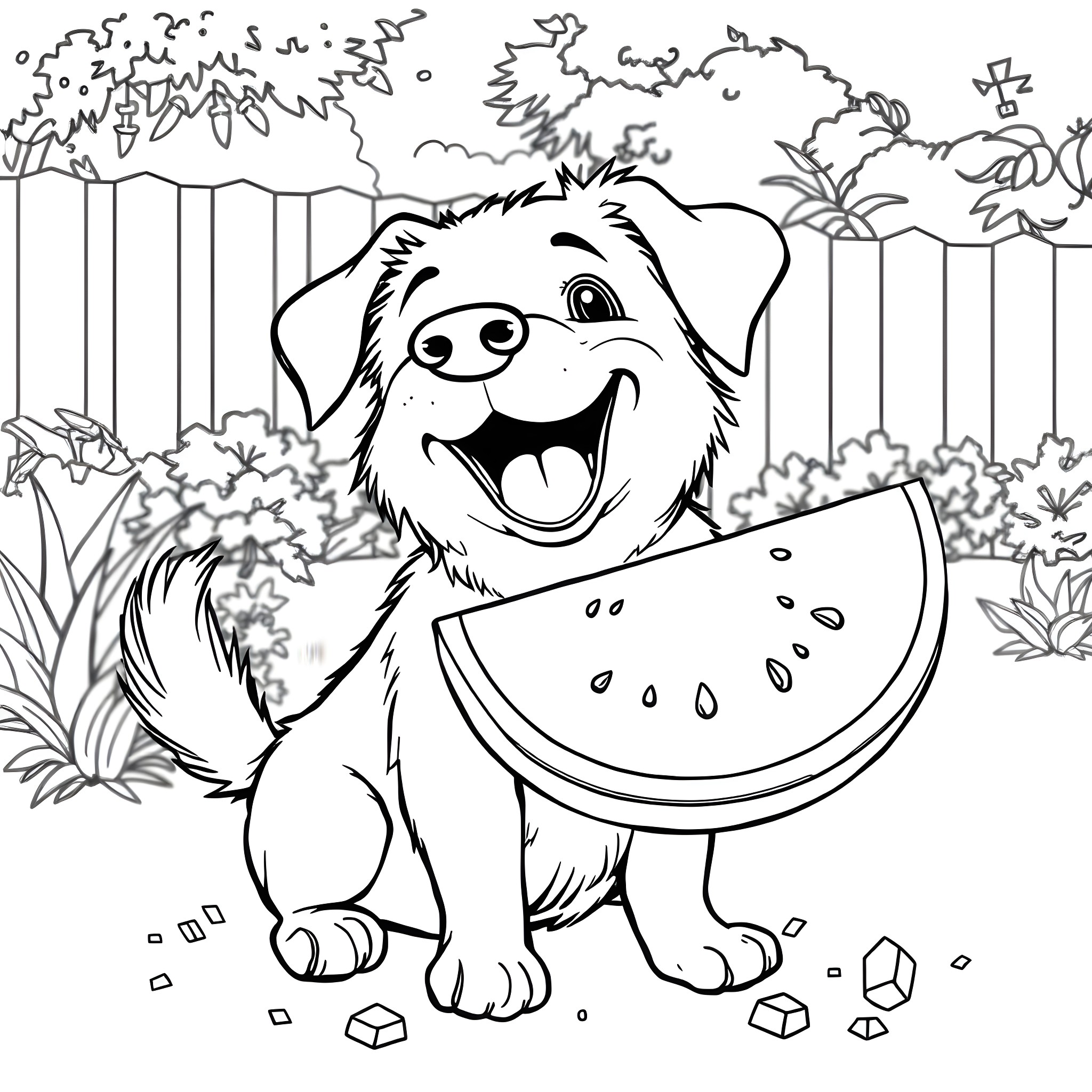 Dog enjoying a watermelon snack in the park Coloring Page (free black-and-white line drawing printable PDF for all, from beginners to advanced learners, including children, teens, adults, and seniors)