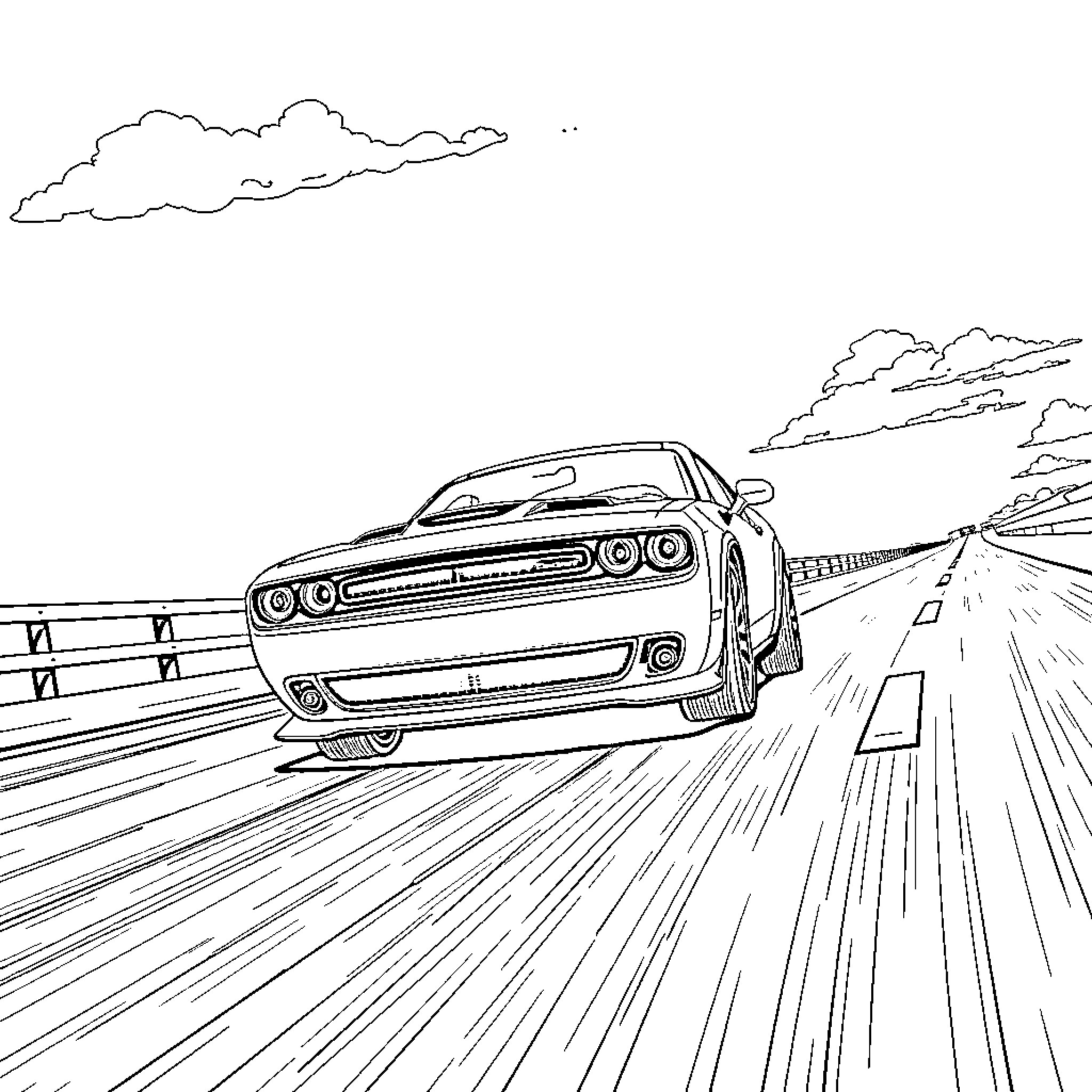 Dodge Challenger speeding on the highway Coloring Page (free black-and-white line drawing printable PDF for all, from beginners to advanced learners, including children, teens, adults, and seniors)