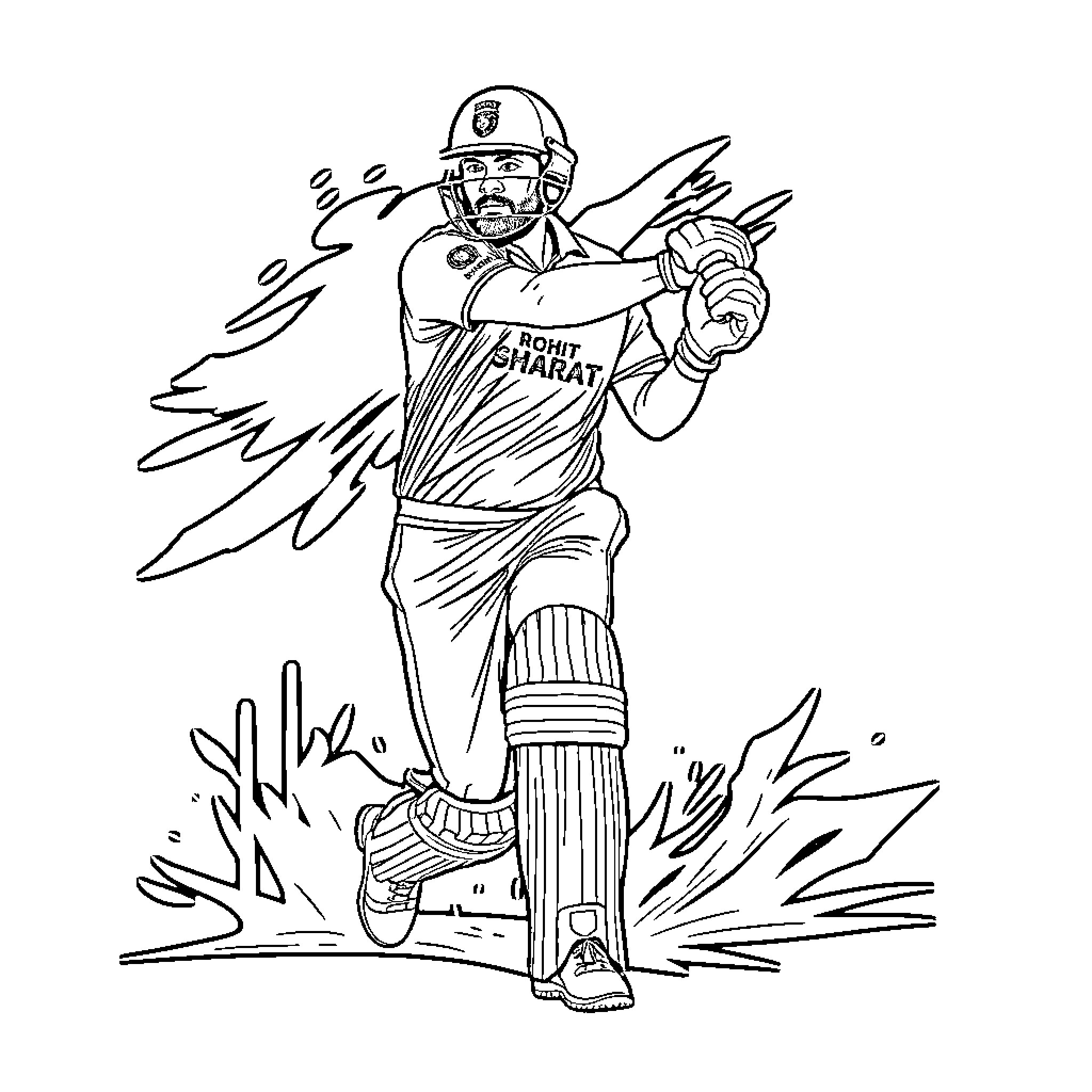 Rohit Sharma batting with energy and enthusiasm Coloring Page (free black-and-white line drawing printable PDF for all, from beginners to advanced learners, including children, teens, adults, and seniors)
