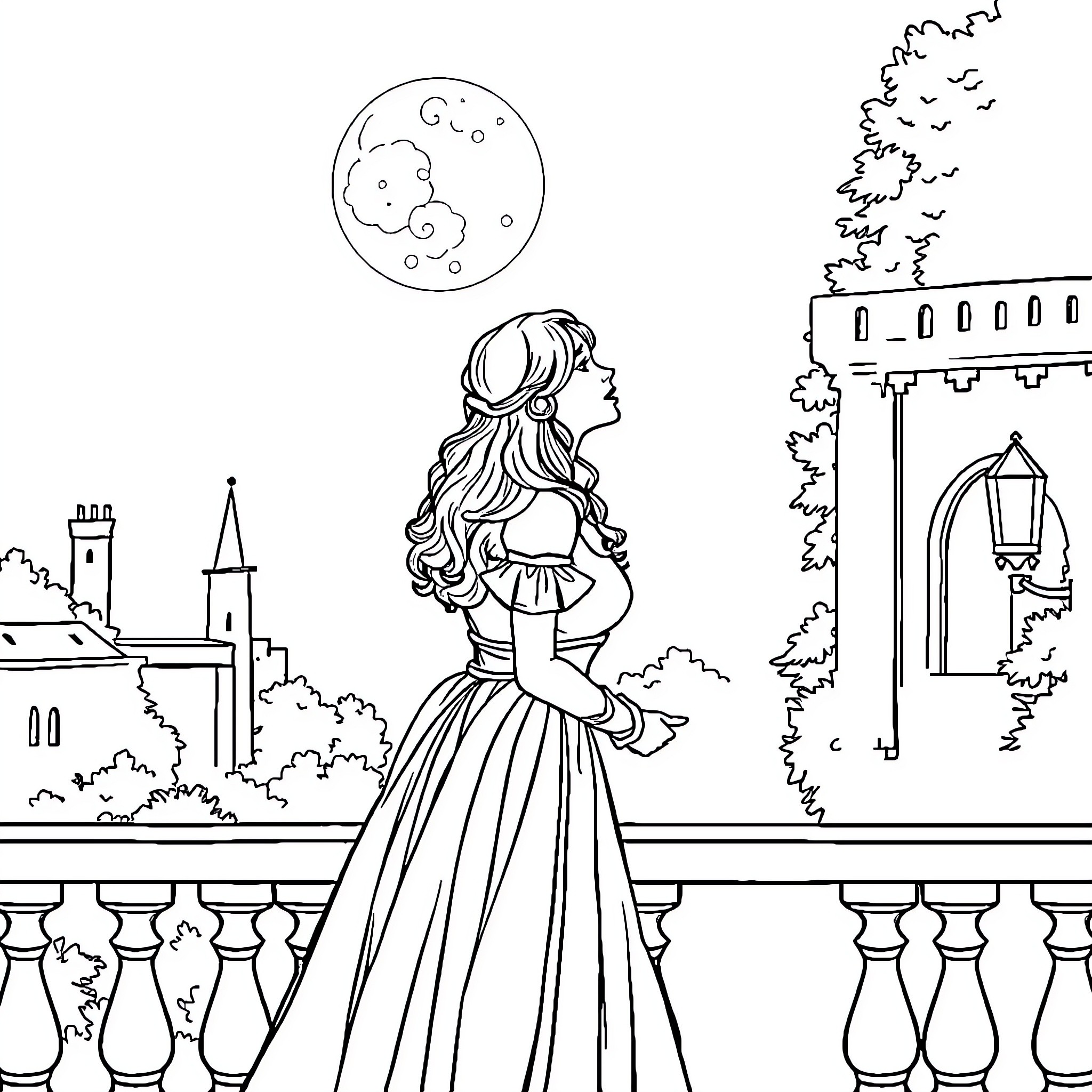 Romeo and Juliet in romantic Verona evening Coloring Page (free black-and-white line drawing printable PDF for all, from beginners to advanced learners, including children, teens, adults, and seniors)
