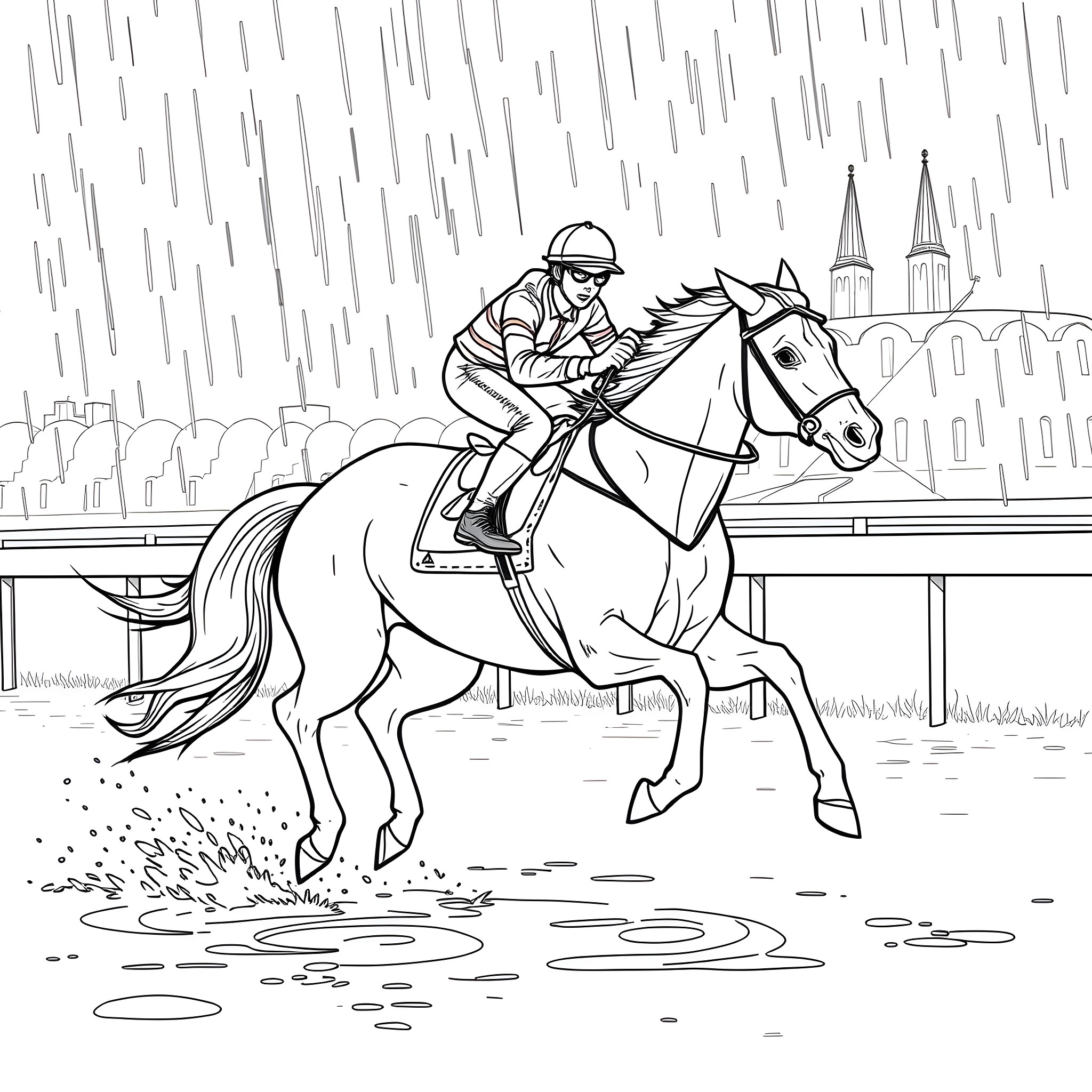 Horse and rider racing through the rain Coloring Page (free black-and-white line drawing printable PDF for all, from beginners to advanced learners, including children, teens, adults, and seniors)