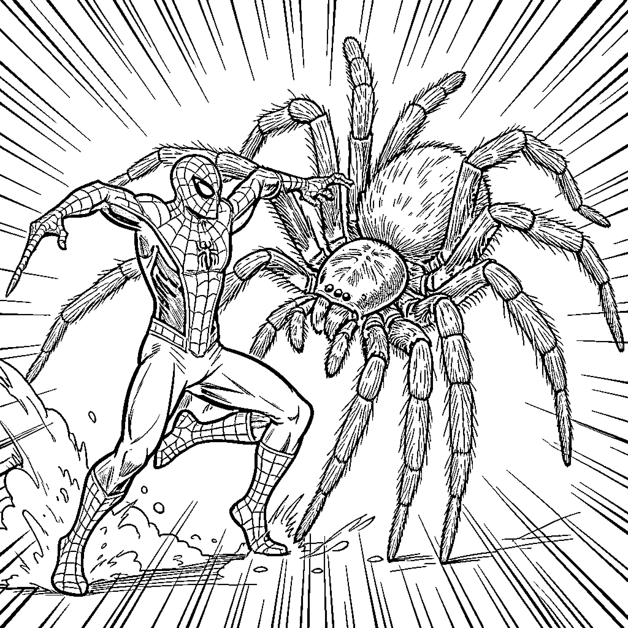 Spiderman facing off against a giant spider Coloring Page (free black-and-white line drawing printable PDF for all, from beginners to advanced learners, including children, teens, adults, and seniors)