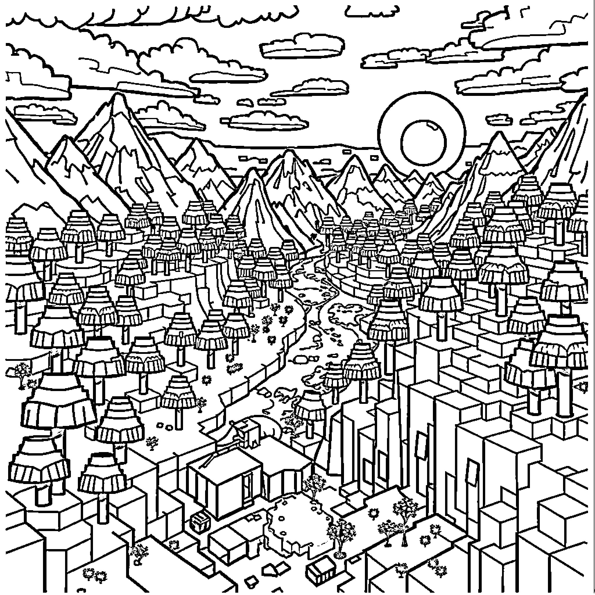 Minecraft Panoramic Landscape with Mountainous Horizon Coloring Page (free black-and-white line drawing printable PDF for all, from beginners to advanced learners, including children, teens, adults, and seniors)