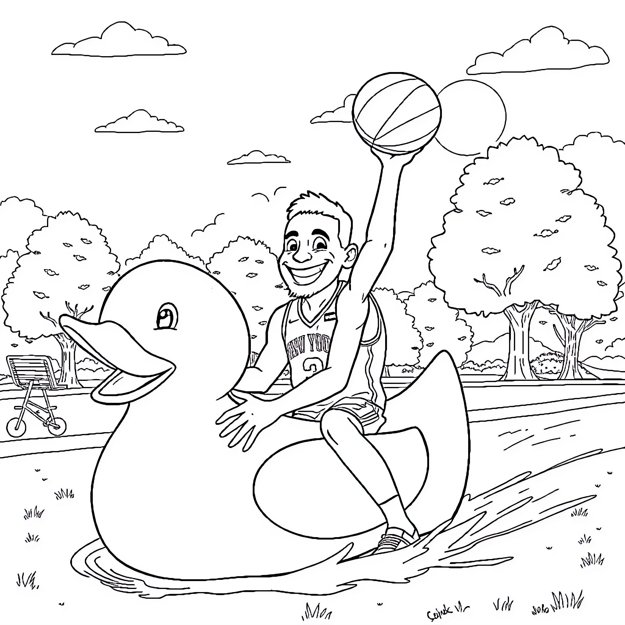 Giannis Antetokounmpo playing basketball with friends in the park Coloring Page (free black-and-white line drawing printable PDF for all, from beginners to advanced learners, including children, teens, adults, and seniors)