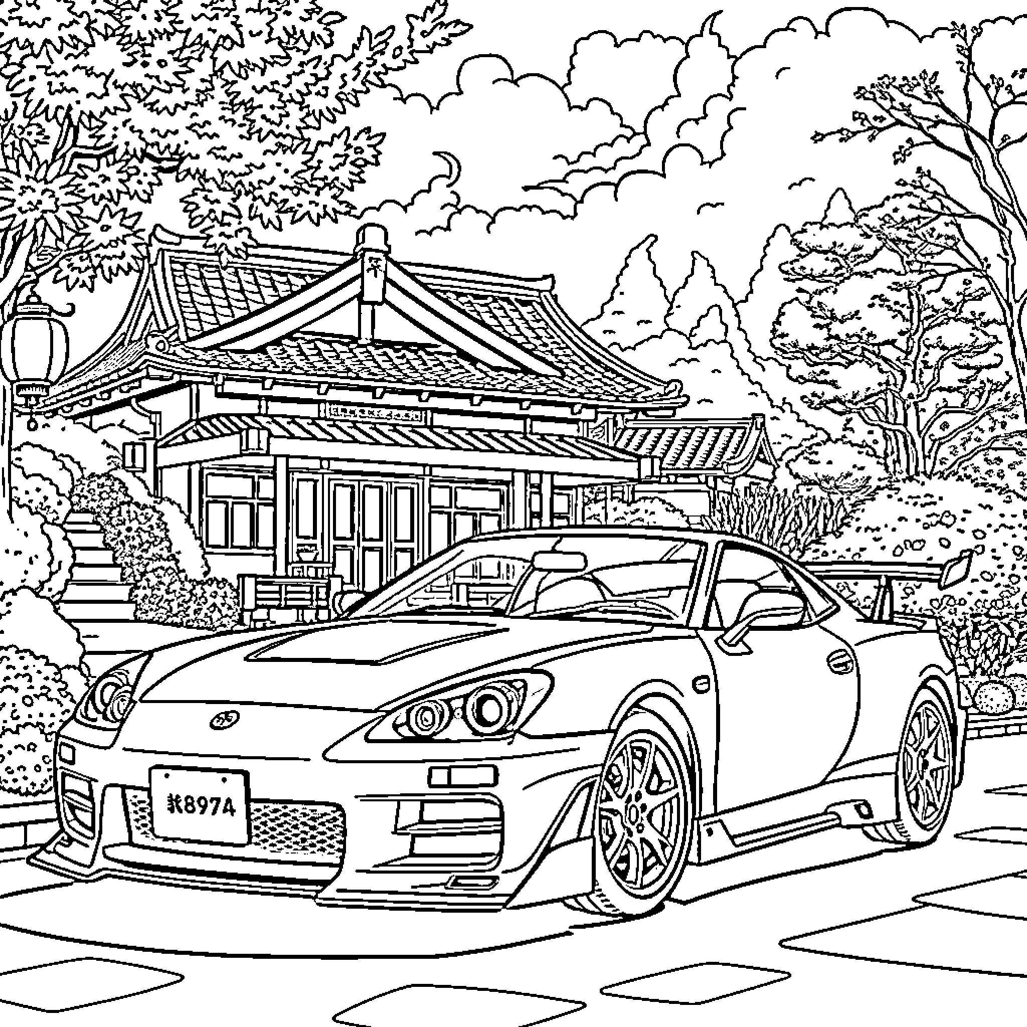 Car driving through scenic Japanese landscape Coloring Page (free black-and-white line drawing printable PDF for all, from beginners to advanced learners, including children, teens, adults, and seniors)