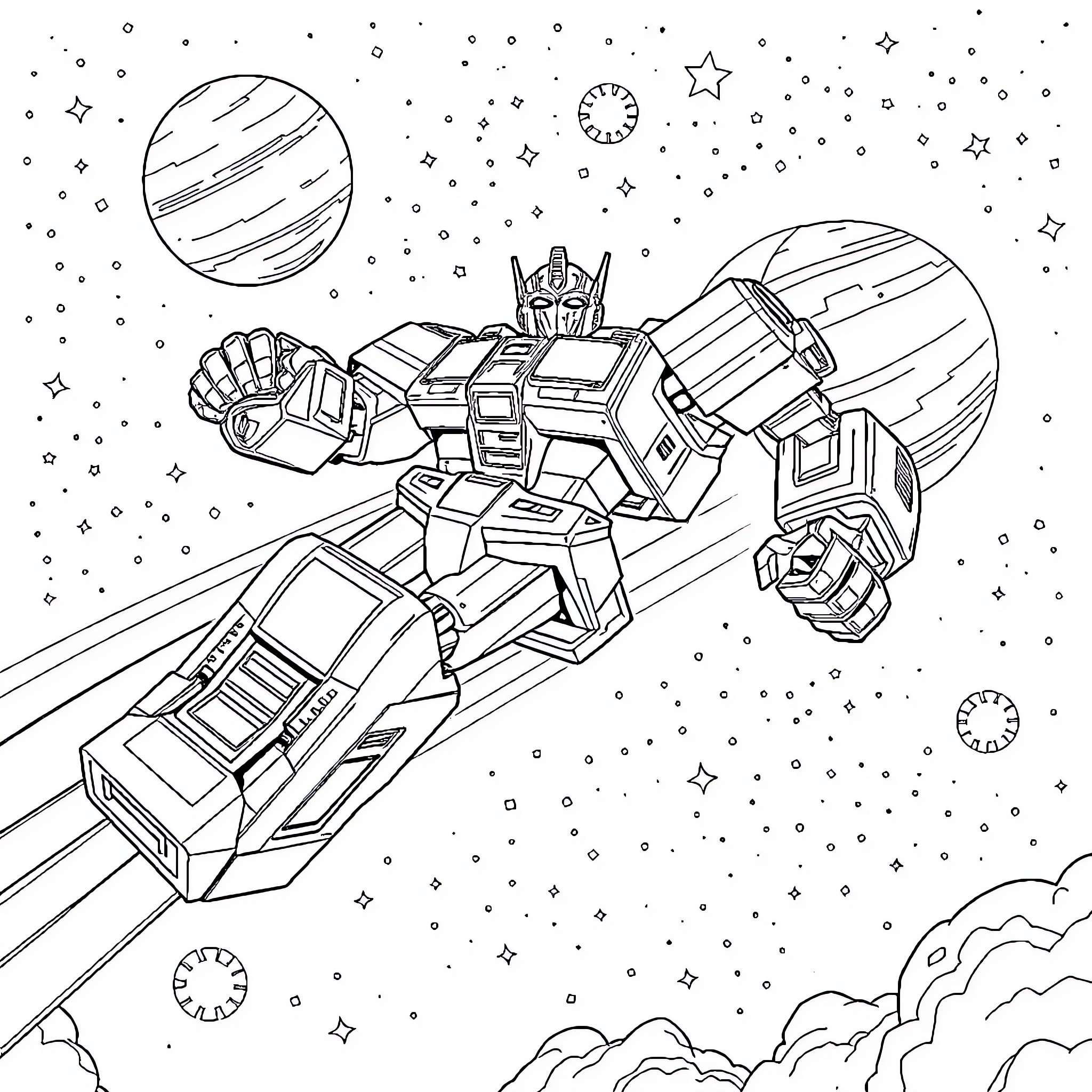 Transformer battles in the starry cosmos Coloring Page (free black-and-white line drawing printable PDF for all, from beginners to advanced learners, including children, teens, adults, and seniors)