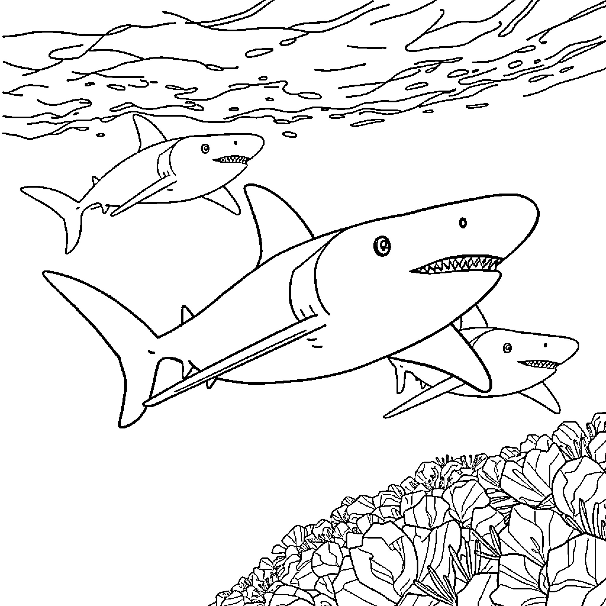 Shark family swimming in the ocean Coloring Page (free black-and-white line drawing printable PDF for all, from beginners to advanced learners, including children, teens, adults, and seniors)