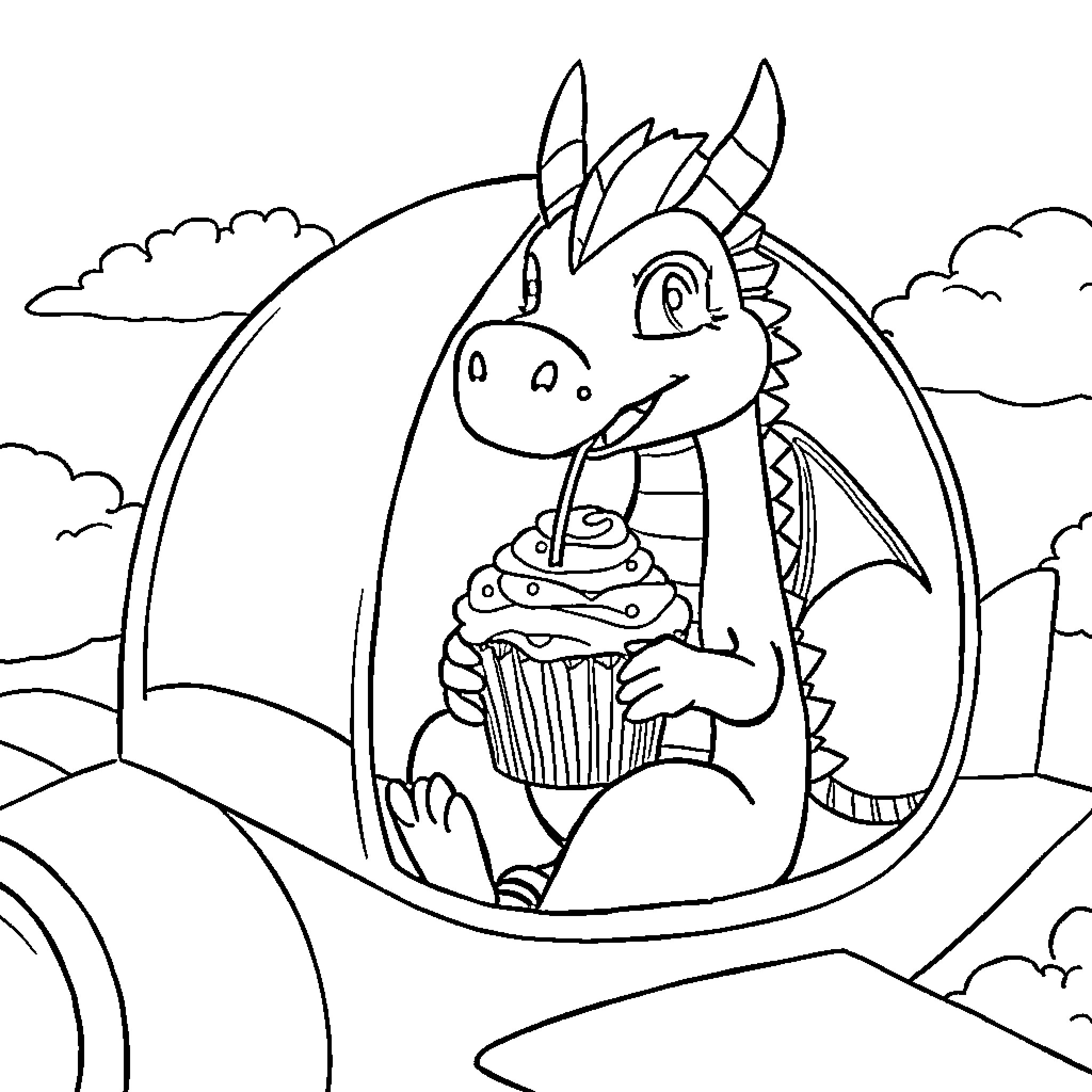 Dragon enjoying a cupcake in a whimsical landscape Coloring Page (free black-and-white line drawing printable PDF for all, from beginners to advanced learners, including children, teens, adults, and seniors)
