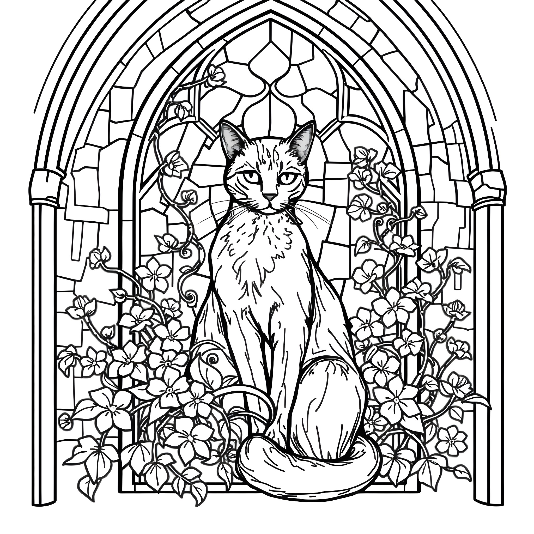 Cat in Stained Glass Window with Flowers Coloring Page (free black-and-white line drawing printable PDF for all, from beginners to advanced learners, including children, teens, adults, and seniors)