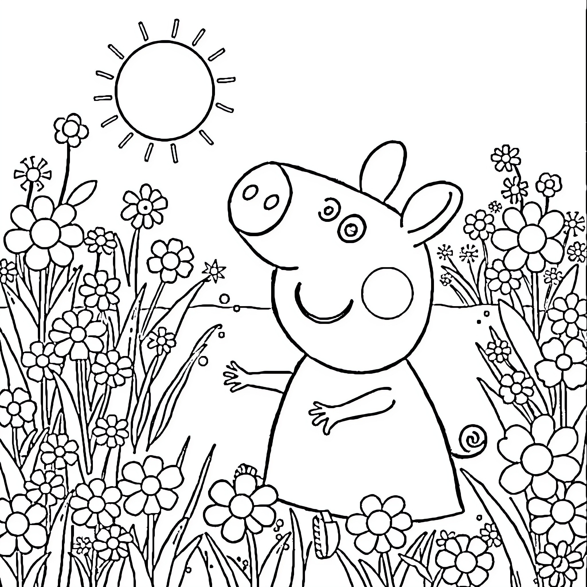 Pig enjoying the sunny day in a flower garden Coloring Page (free black-and-white line drawing printable PDF for all, from beginners to advanced learners, including children, teens, adults, and seniors)