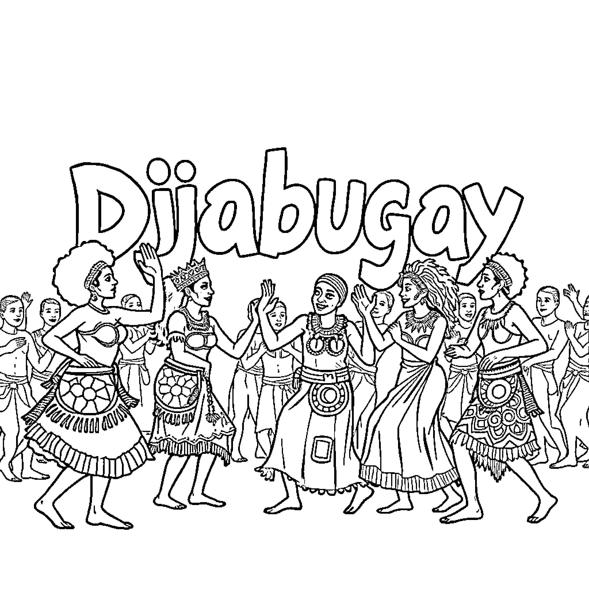 Aboriginal People Celebrating with Traditional Dance and Dress Coloring Page (free black-and-white line drawing printable PDF for all, from beginners to advanced learners, including children, teens, adults, and seniors)