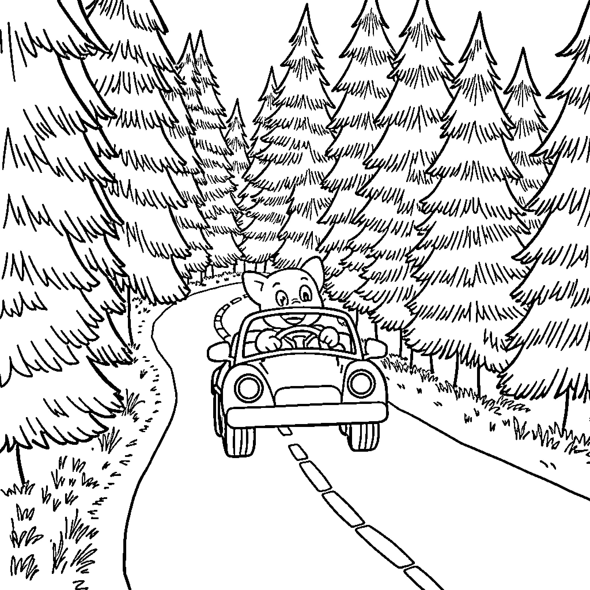 Bluey's Car Adventure in the Forested Road Coloring Page (free black-and-white line drawing printable PDF for all, from beginners to advanced learners, including children, teens, adults, and seniors)