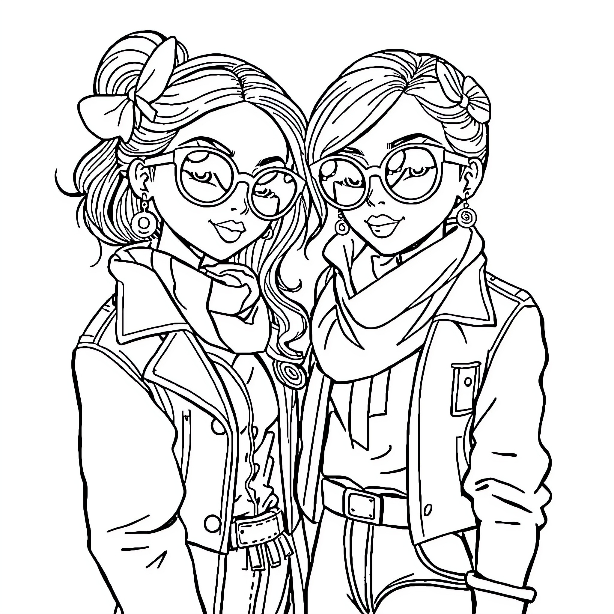 Doll-like friends in stylish outfits Coloring Page (free black-and-white line drawing printable PDF for all, from beginners to advanced learners, including children, teens, adults, and seniors)