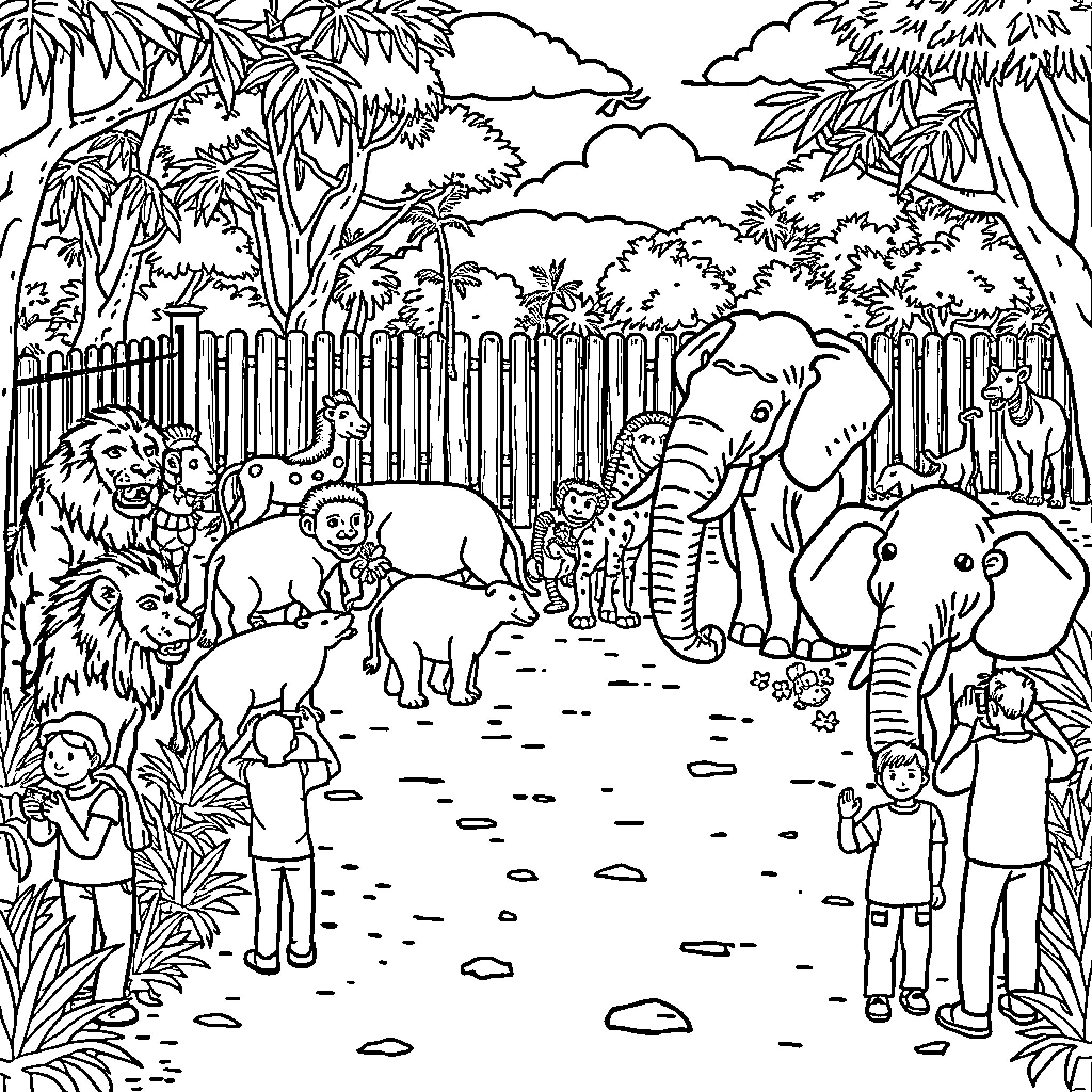 Animal Sanctuary with diverse wildlife Coloring Page (free black-and-white line drawing printable PDF for all, from beginners to advanced learners, including children, teens, adults, and seniors)