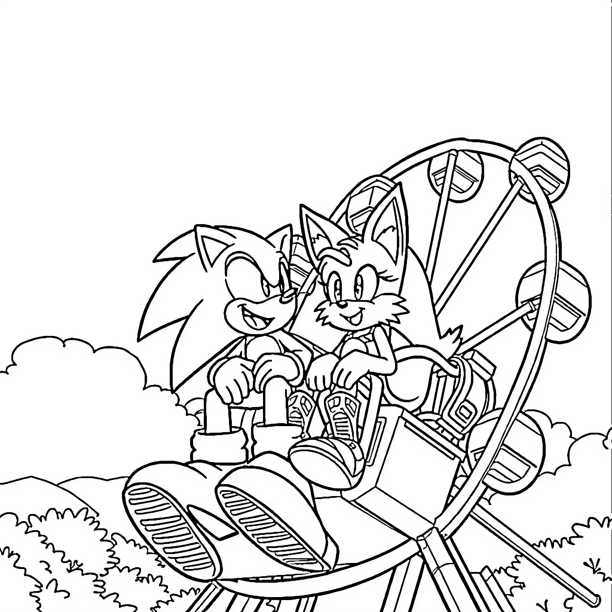 Sonic and Friends Enjoying Thrilling Amusement Park Ride Coloring Page (free black-and-white line drawing printable PDF for all, from beginners to advanced learners, including children, teens, adults, and seniors)