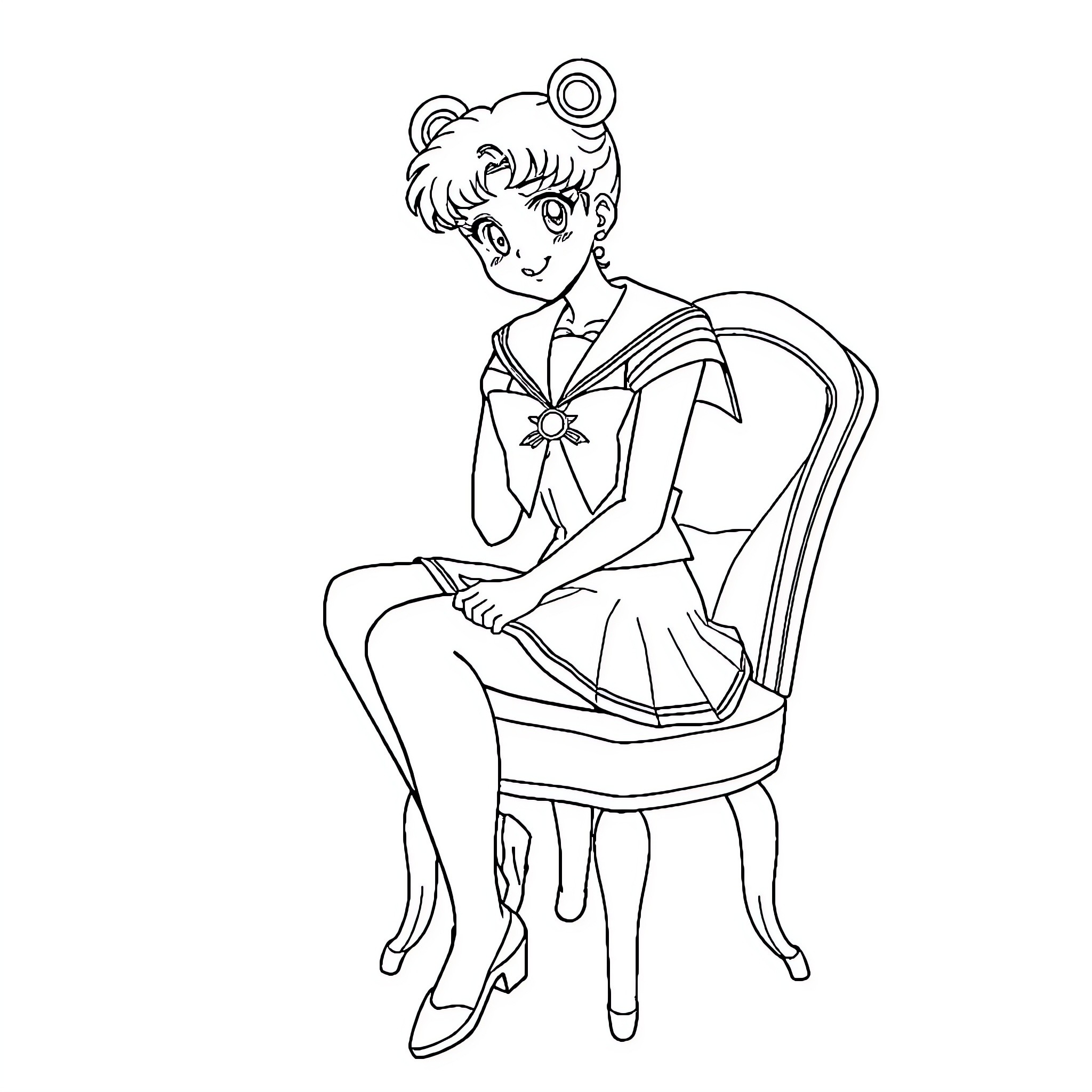Sailor Moon Sitting Pensively on a Chair Coloring Page (free black-and-white line drawing printable PDF for all, from beginners to advanced learners, including children, teens, adults, and seniors)