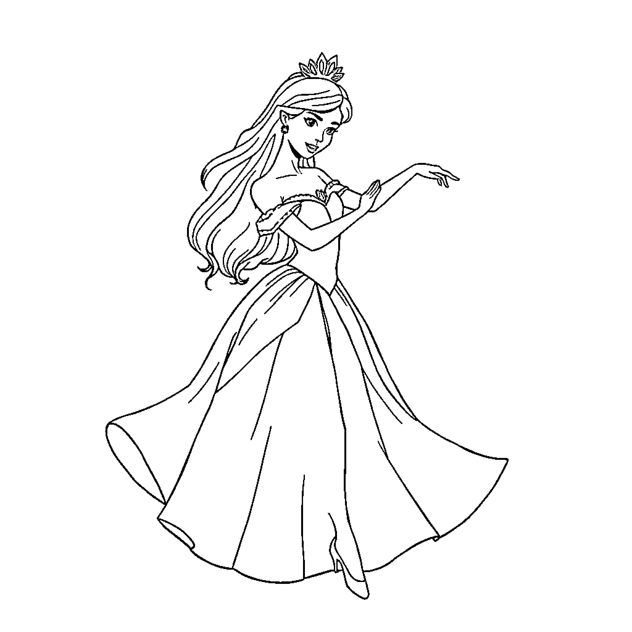 Princess Dancing Gracefully in Elegant Gown Coloring Page (free black-and-white line drawing printable PDF for all, from beginners to advanced learners, including children, teens, adults, and seniors)