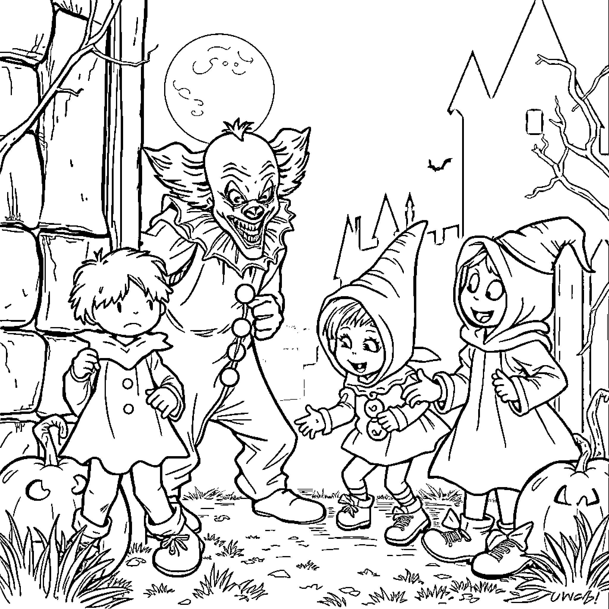 Clown scaring children in haunted forest Coloring Page (free black-and-white line drawing printable PDF for all, from beginners to advanced learners, including children, teens, adults, and seniors)