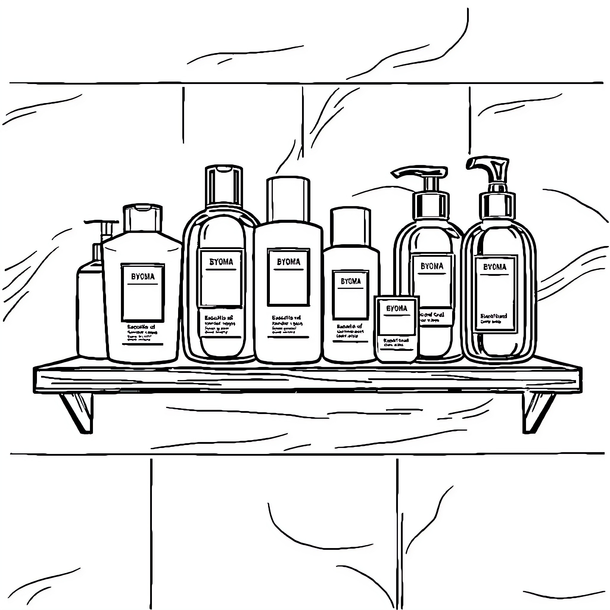 Skincare products arranged on a shelf Coloring Page (free black-and-white line drawing printable PDF for all, from beginners to advanced learners, including children, teens, adults, and seniors)