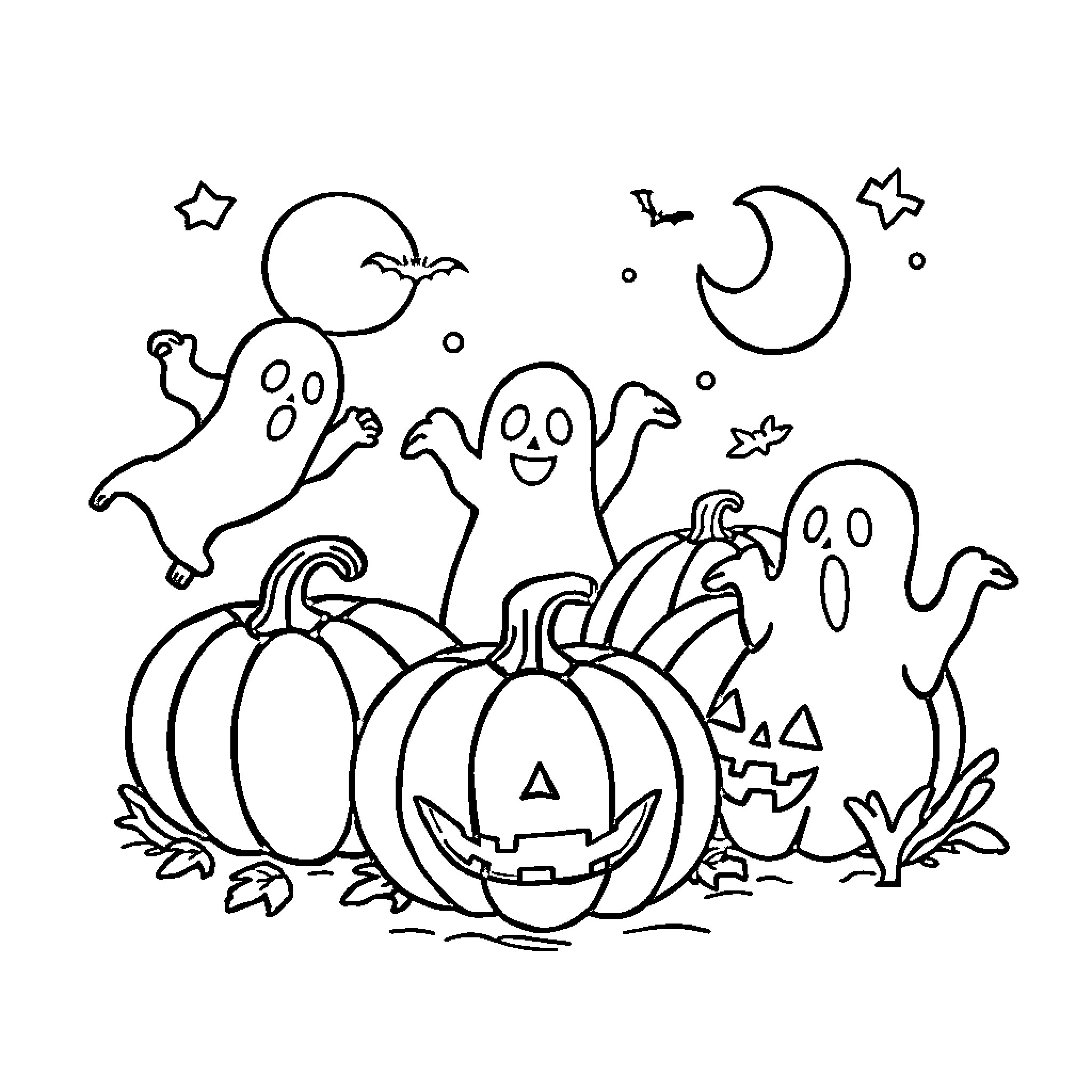 Halloween Ghosts and Pumpkins Celebration Coloring Page (free black-and-white line drawing printable PDF for all, from beginners to advanced learners, including children, teens, adults, and seniors)