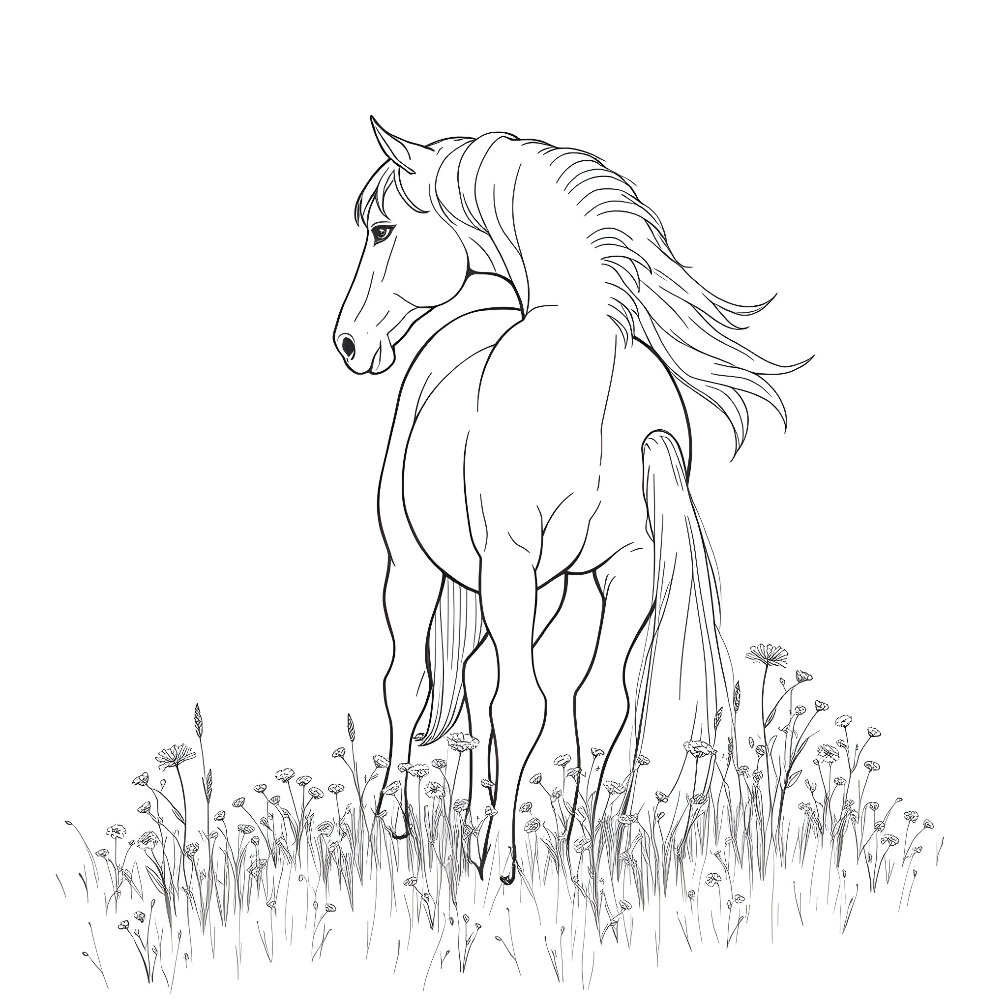 Horse standing gracefully in the meadow Coloring Page (free black-and-white line drawing printable PDF for all, from beginners to advanced learners, including children, teens, adults, and seniors)