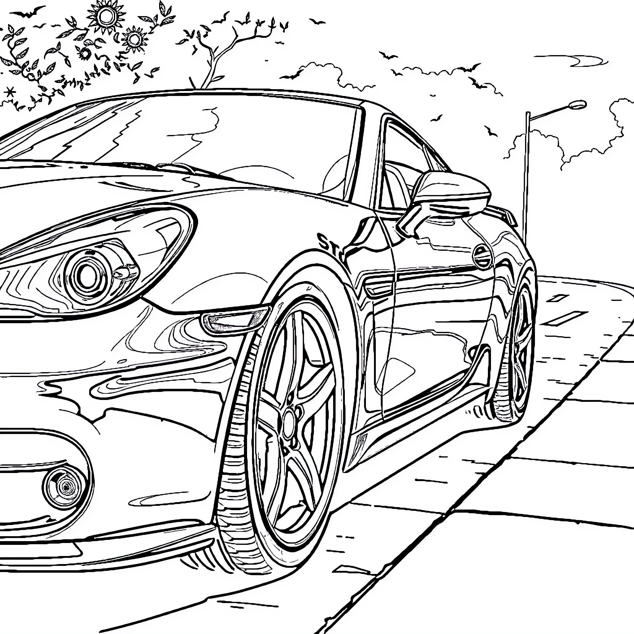 Car driving along scenic countryside road Coloring Page (free black-and-white line drawing printable PDF for all, from beginners to advanced learners, including children, teens, adults, and seniors)