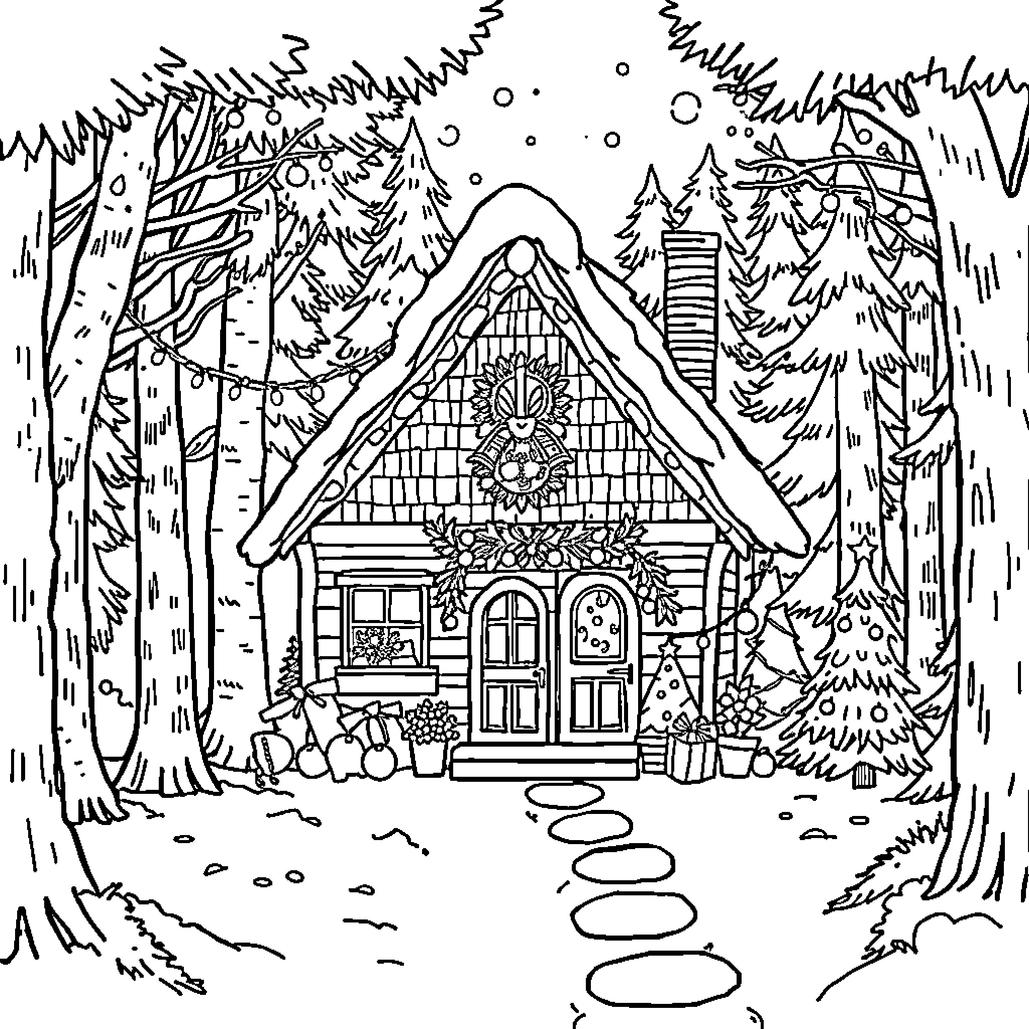 Cottage in the Snowy Woodland Coloring Page (free black-and-white line drawing printable PDF for all, from beginners to advanced learners, including children, teens, adults, and seniors)