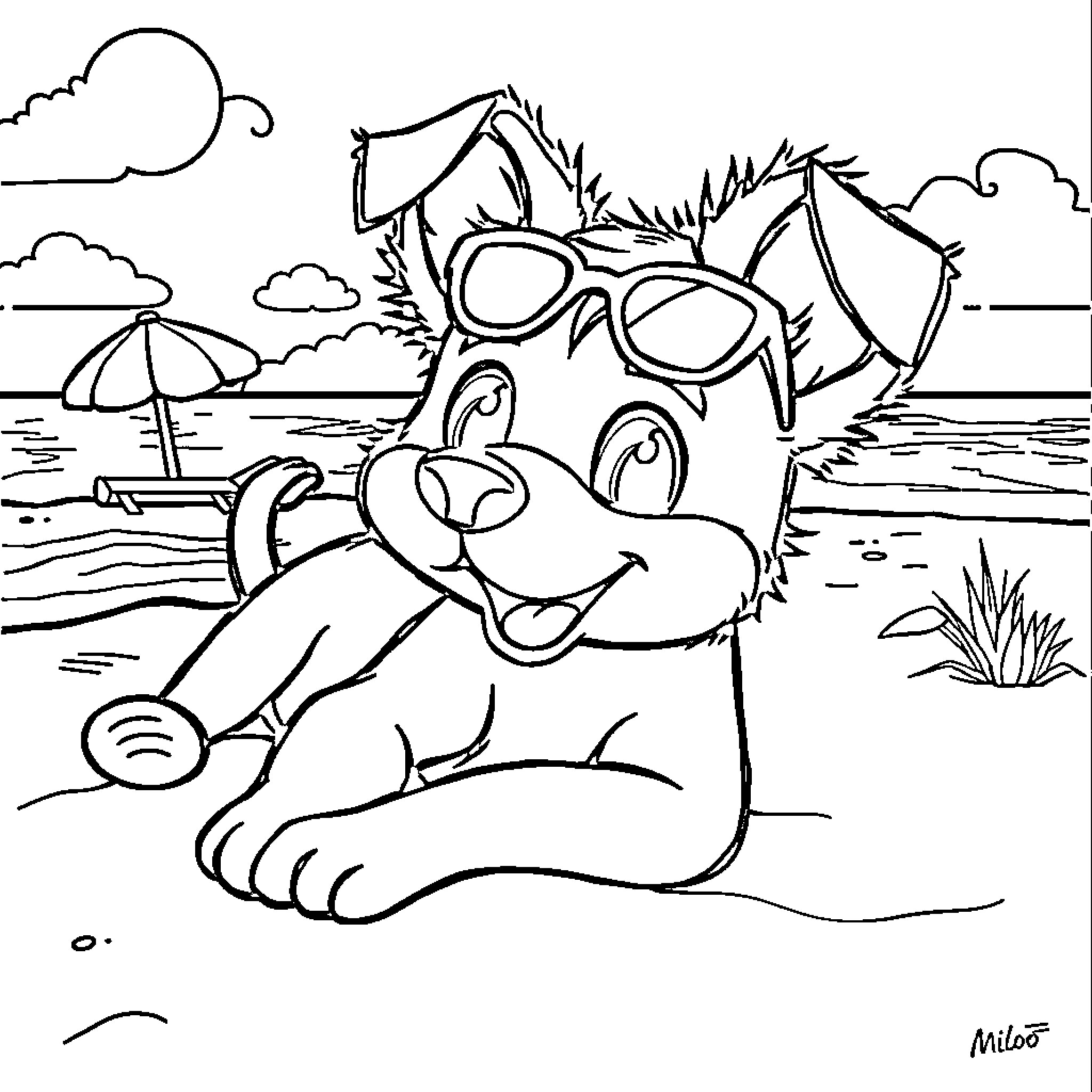 Milo relaxing on the beach with sunglasses Coloring Page (free black-and-white line drawing printable PDF for all, from beginners to advanced learners, including children, teens, adults, and seniors)
