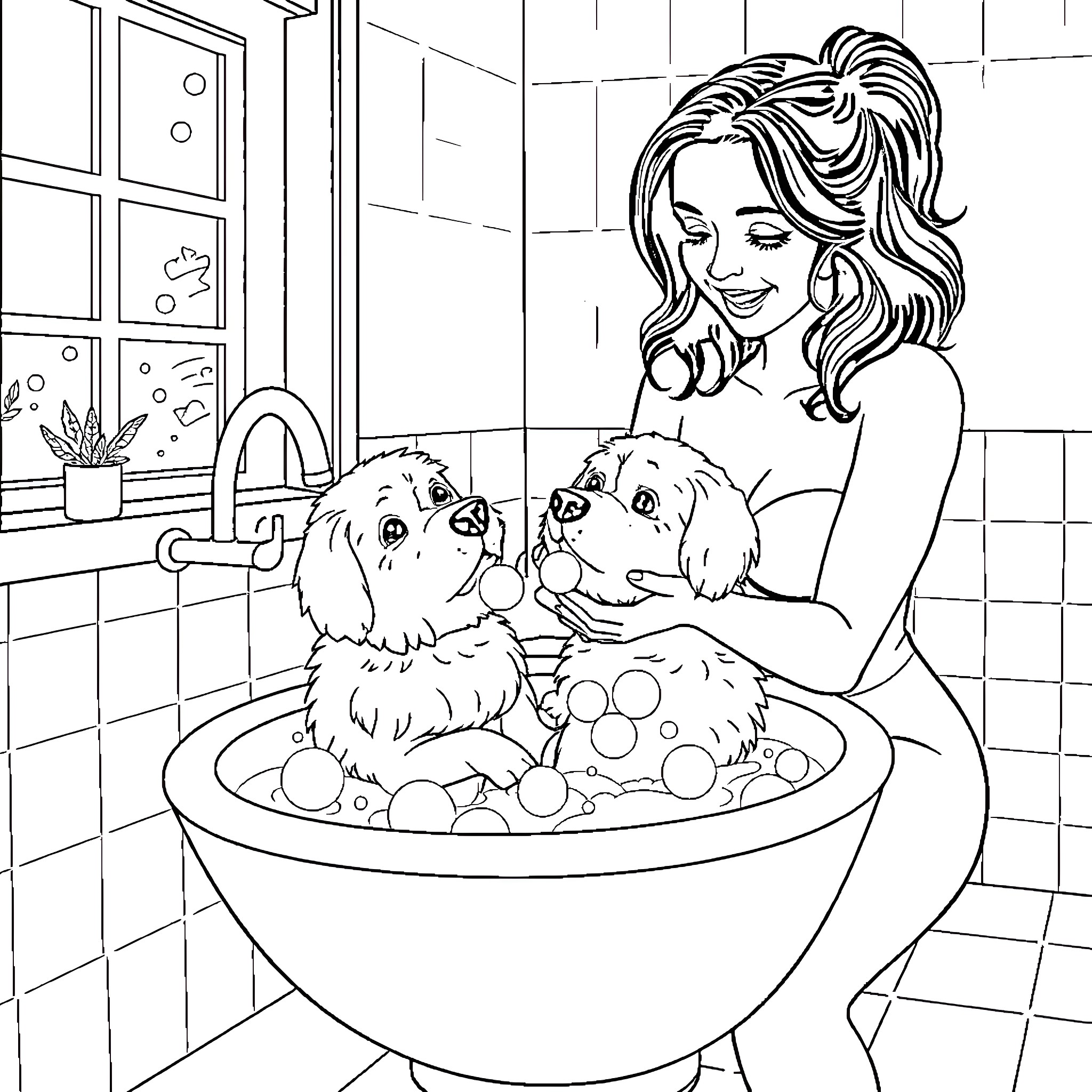 Dog enjoying bath time with owner Coloring Page (free black-and-white line drawing printable PDF for all, from beginners to advanced learners, including children, teens, adults, and seniors)