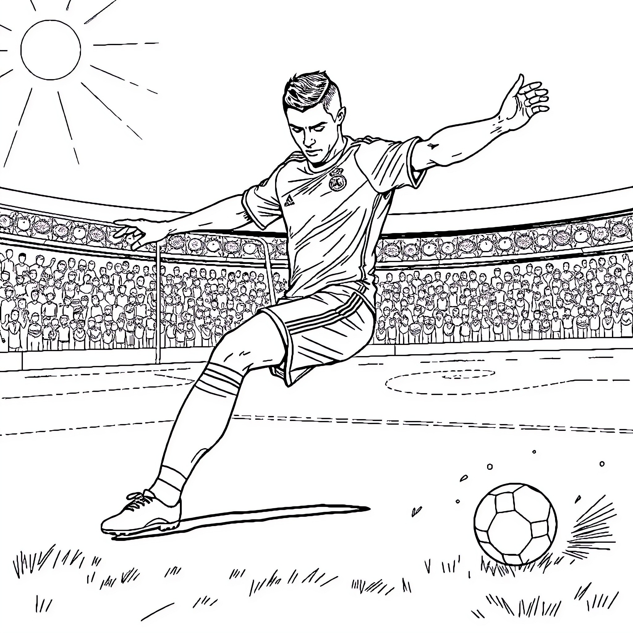 Cristiano Ronaldo kicking a soccer ball on the field Coloring Page (free black-and-white line drawing printable PDF for all, from beginners to advanced learners, including children, teens, adults, and seniors)