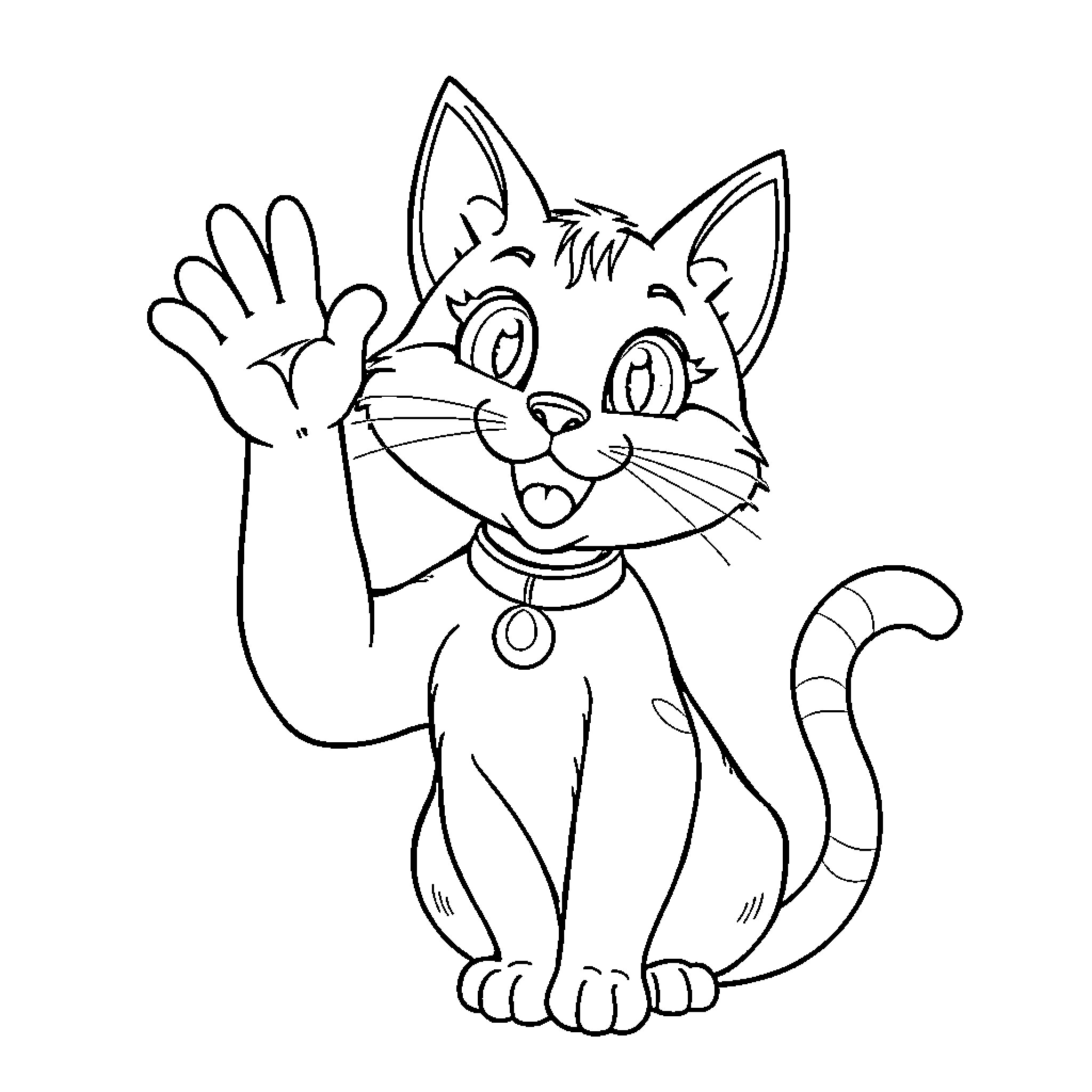 Gabby Cat waving hello excitedly Coloring Page (free black-and-white line drawing printable PDF for all, from beginners to advanced learners, including children, teens, adults, and seniors)