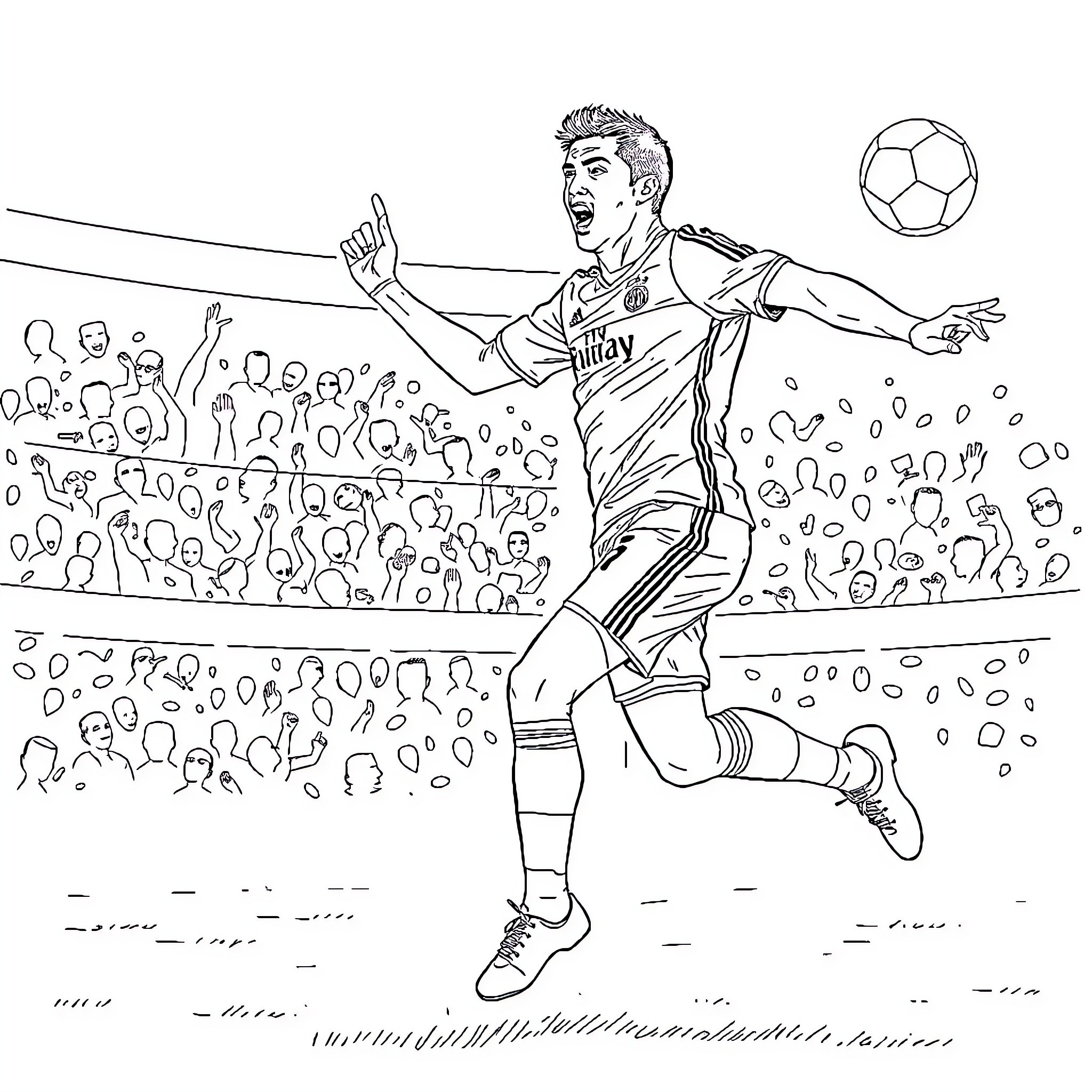 Ronaldo celebrating a goal in a soccer match Coloring Page (free black-and-white line drawing printable PDF for all, from beginners to advanced learners, including children, teens, adults, and seniors)