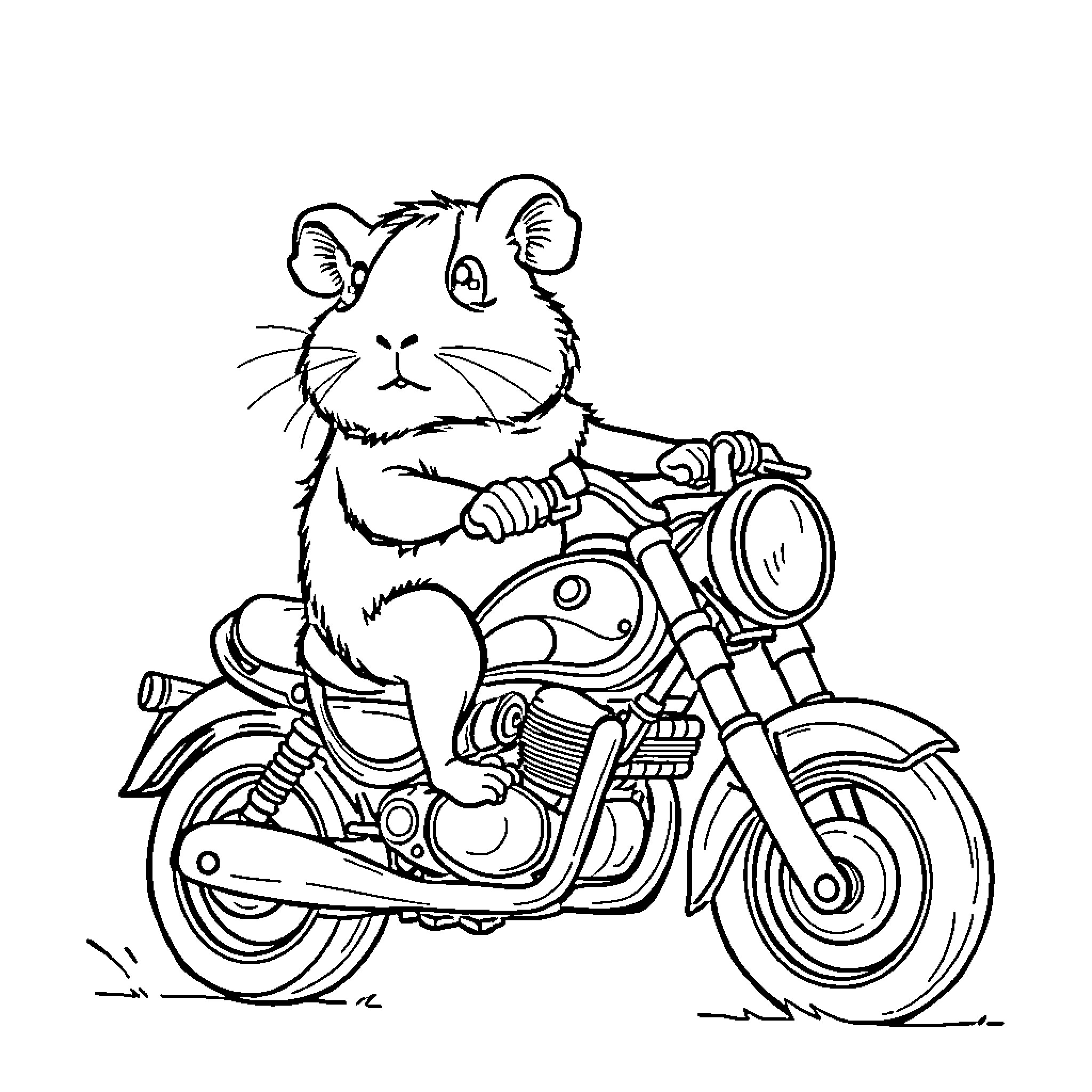Guinea Pig riding motorcycle with enthusiasm Coloring Page (free black-and-white line drawing printable PDF for all, from beginners to advanced learners, including children, teens, adults, and seniors)