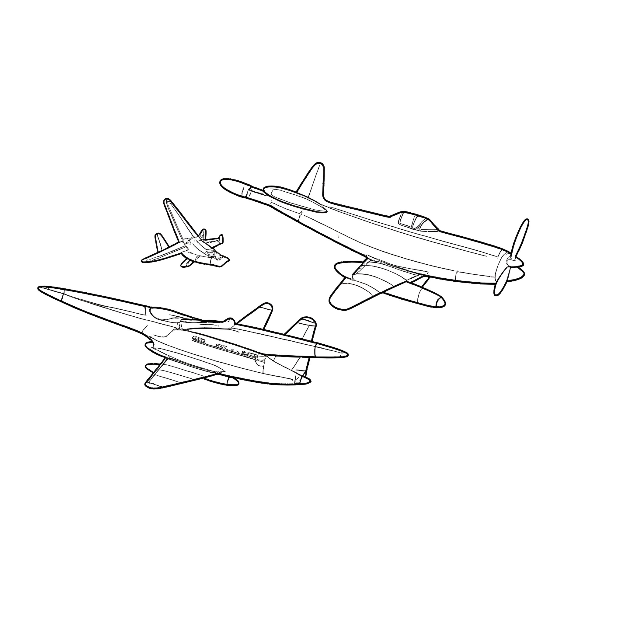 Plane Formation Flight in Black and White Coloring Page (free black-and-white line drawing printable PDF for all, from beginners to advanced learners, including children, teens, adults, and seniors)