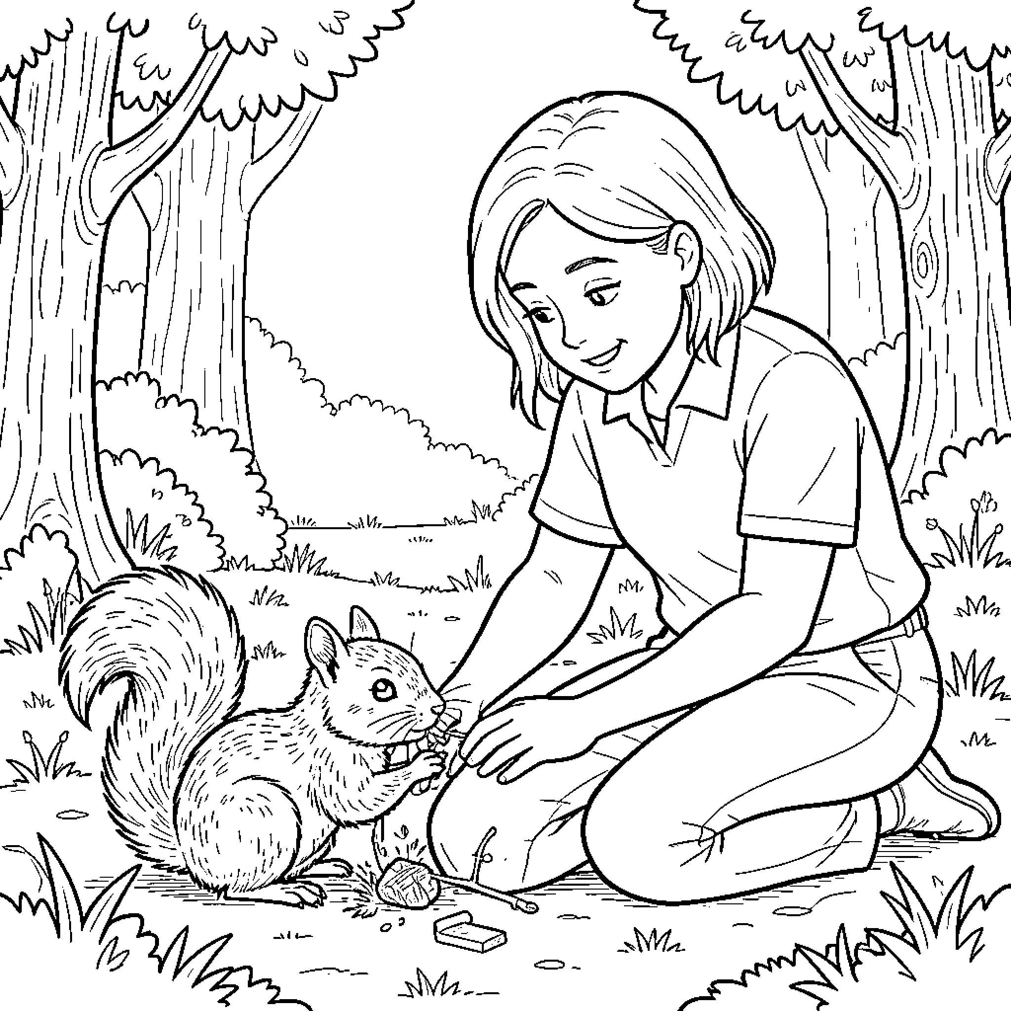 Squirrel and girl exploring nature together Coloring Page (free black-and-white line drawing printable PDF for all, from beginners to advanced learners, including children, teens, adults, and seniors)