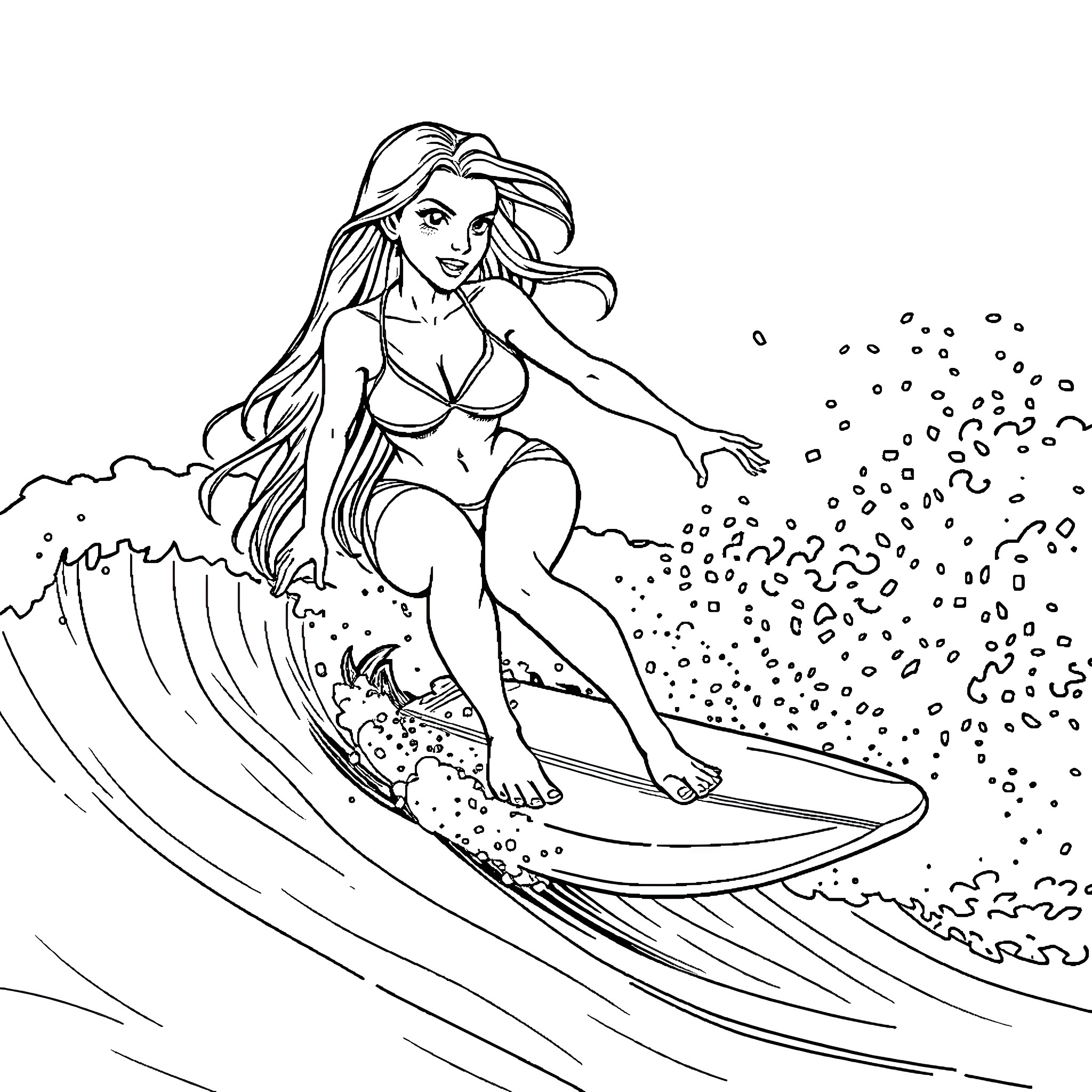 Girlfriend surfs on ocean waves with grace Coloring Page (free black-and-white line drawing printable PDF for all, from beginners to advanced learners, including children, teens, adults, and seniors)