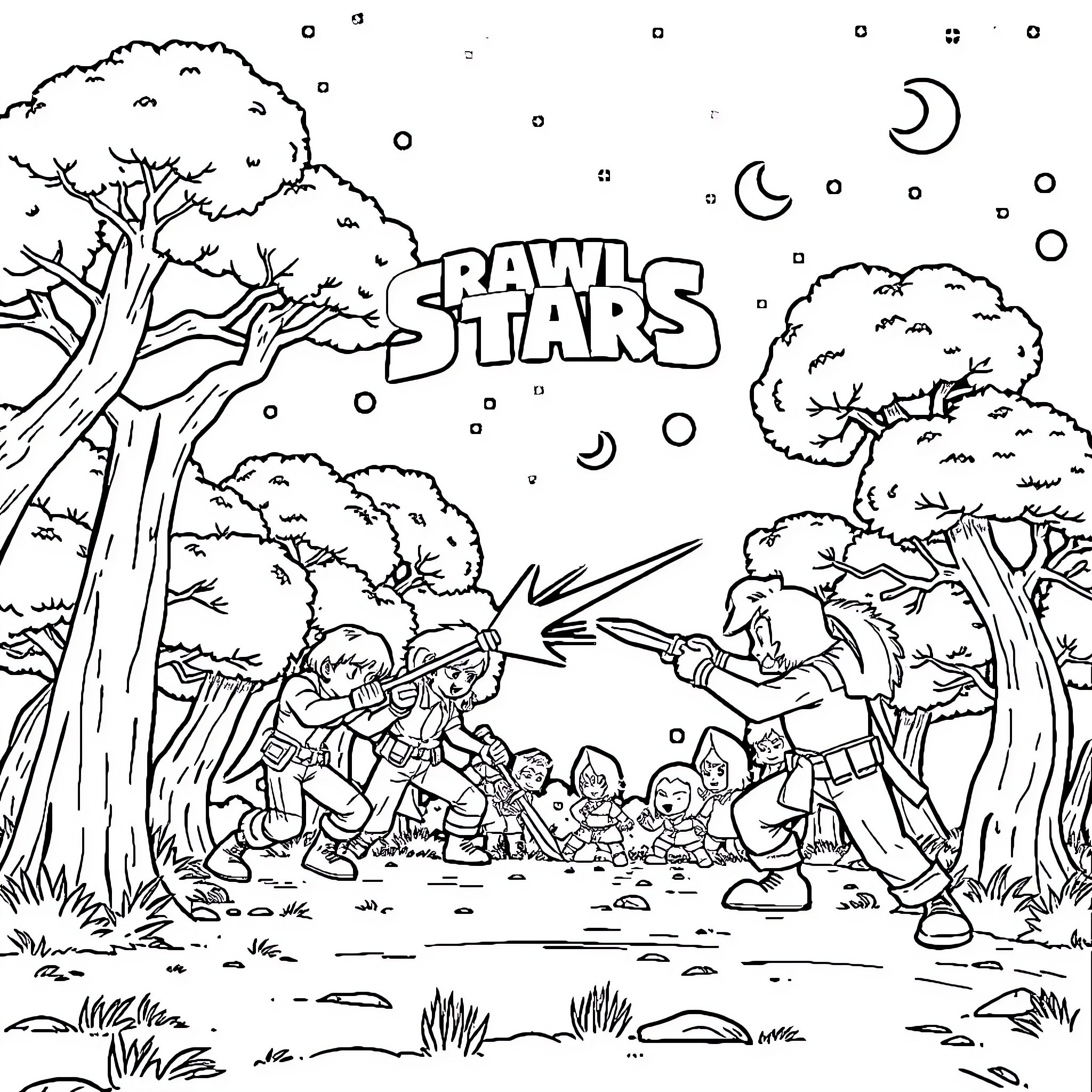 Brawl Stars battle in enchanted forest Coloring Page (free black-and-white line drawing printable PDF for all, from beginners to advanced learners, including children, teens, adults, and seniors)