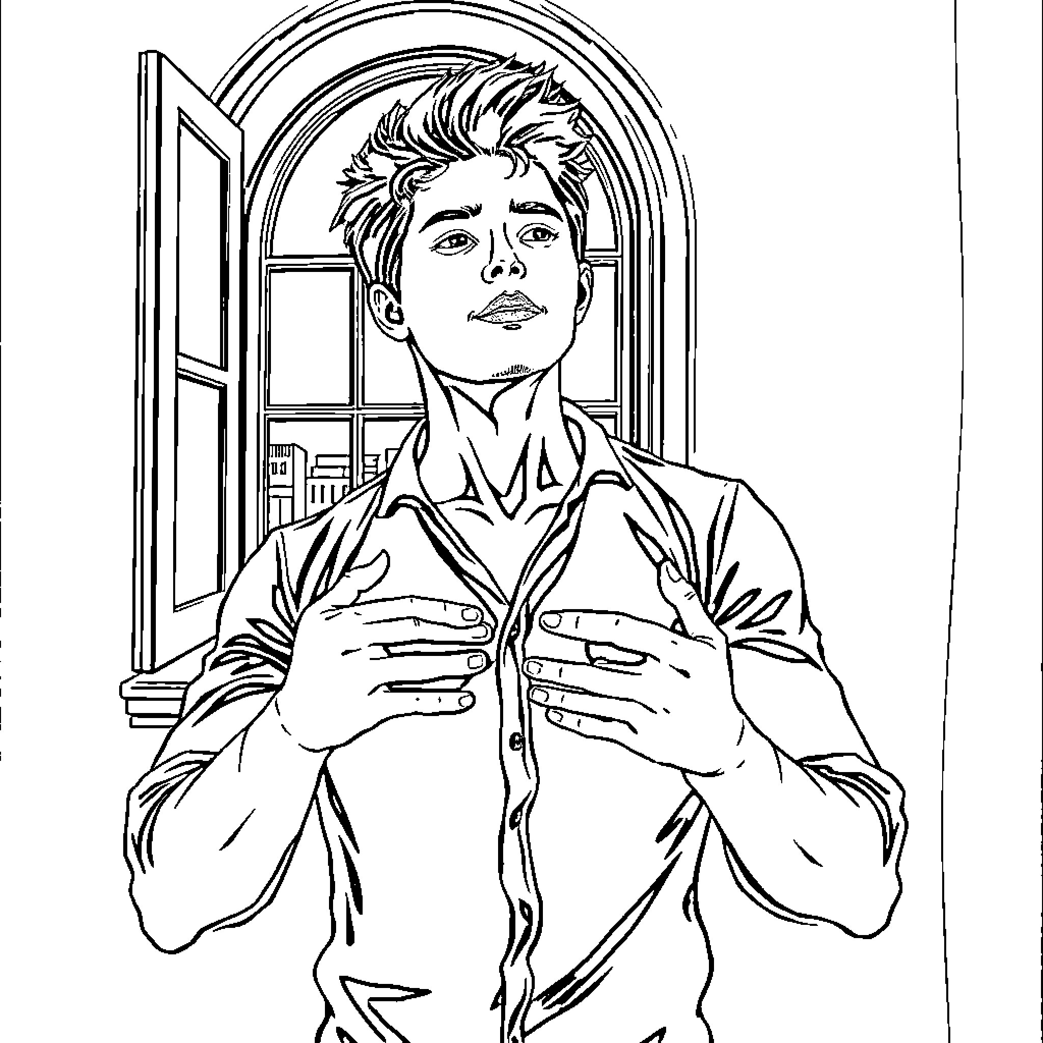 Man in thoughtful expression by window Coloring Page (free black-and-white line drawing printable PDF for all, from beginners to advanced learners, including children, teens, adults, and seniors)