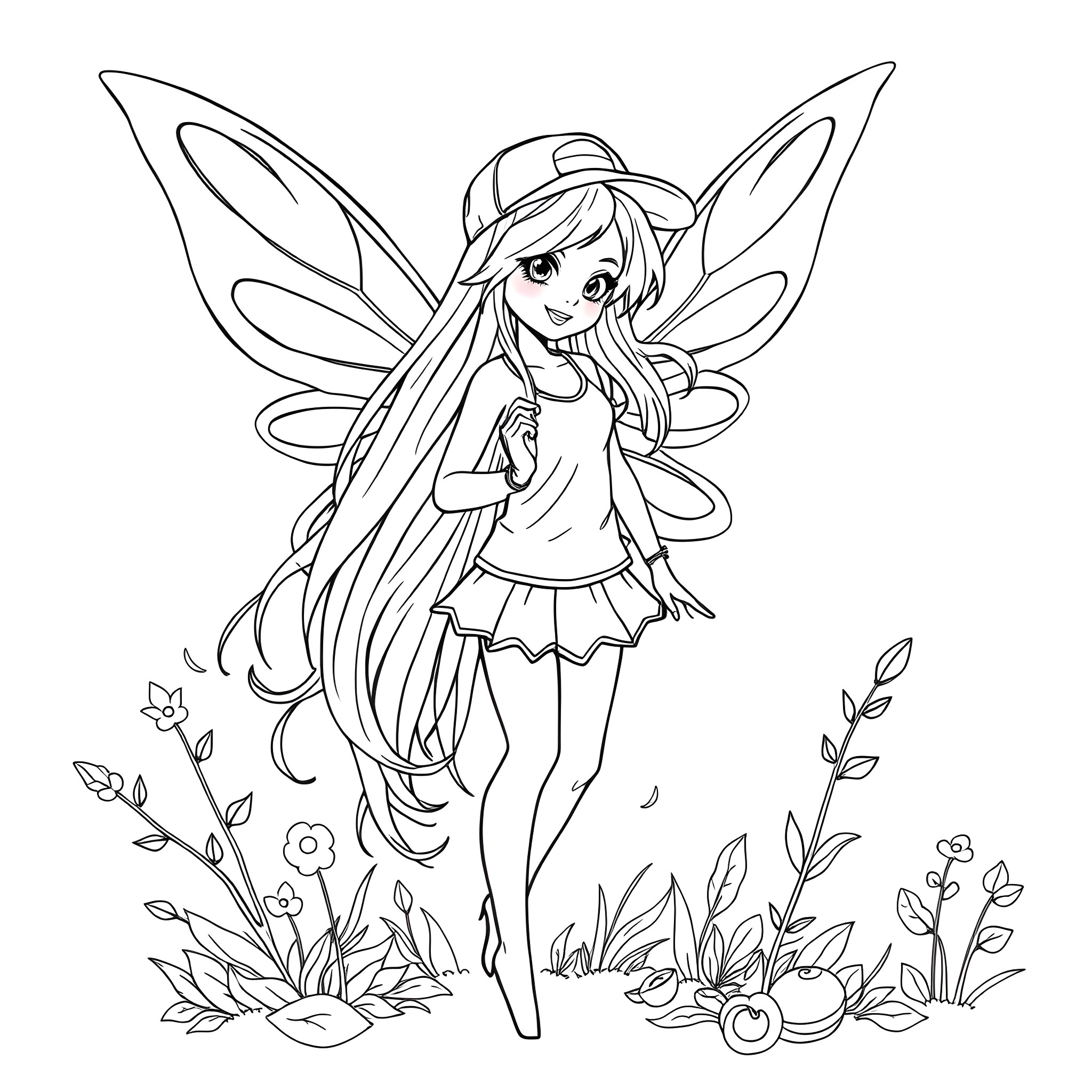 Fairy girl dancing joyfully in a floral scene Coloring Page (free black-and-white line drawing printable PDF for all, from beginners to advanced learners, including children, teens, adults, and seniors)