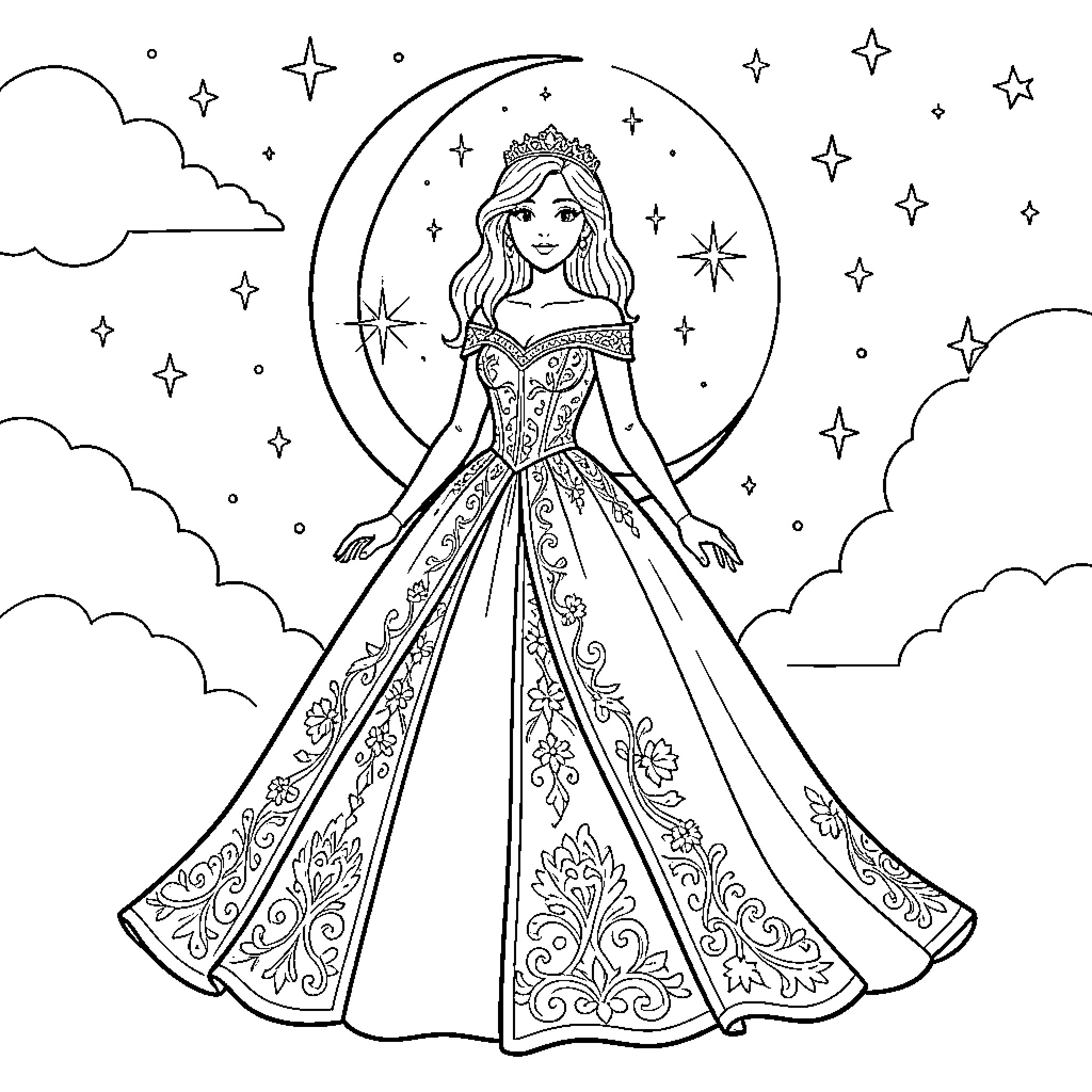 Diamante Princess Adorned in Regal Attire Coloring Page (free black-and-white line drawing printable PDF for all, from beginners to advanced learners, including children, teens, adults, and seniors)