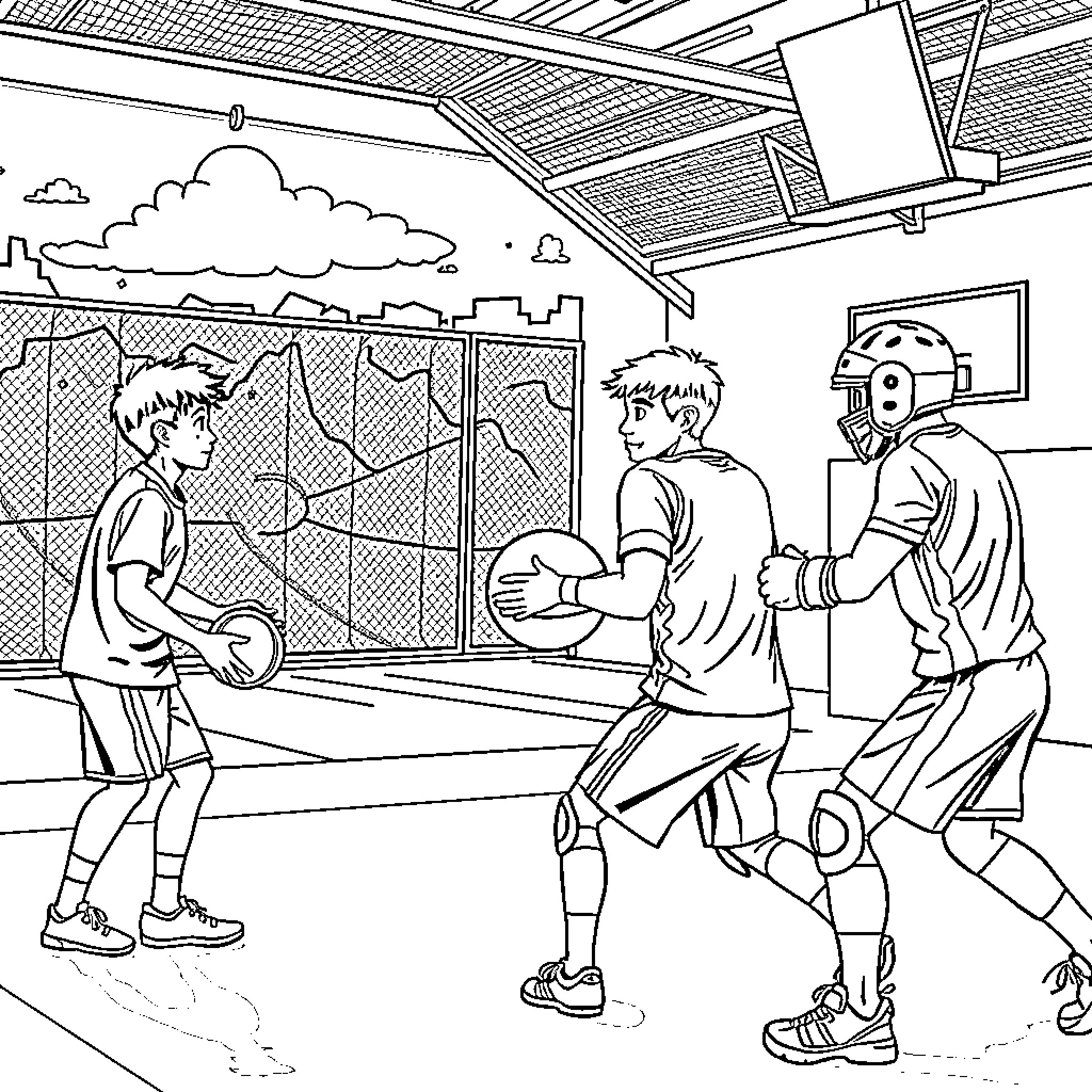 Amigo playing basketball with friends on the court Coloring Page (free black-and-white line drawing printable PDF for all, from beginners to advanced learners, including children, teens, adults, and seniors)