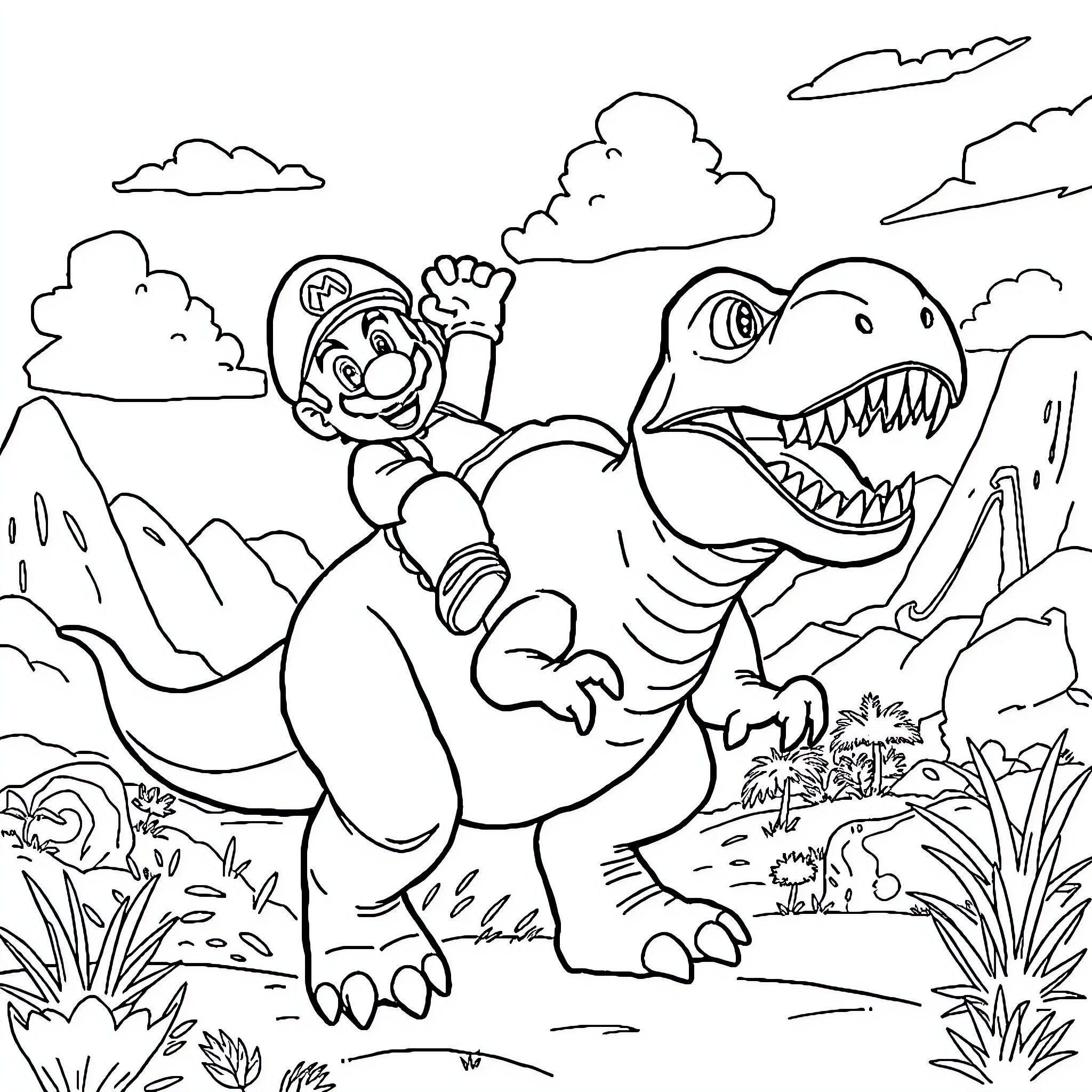 Super Mario's Prehistoric Adventure Coloring Page (free black-and-white line drawing printable PDF for all, from beginners to advanced learners, including children, teens, adults, and seniors)