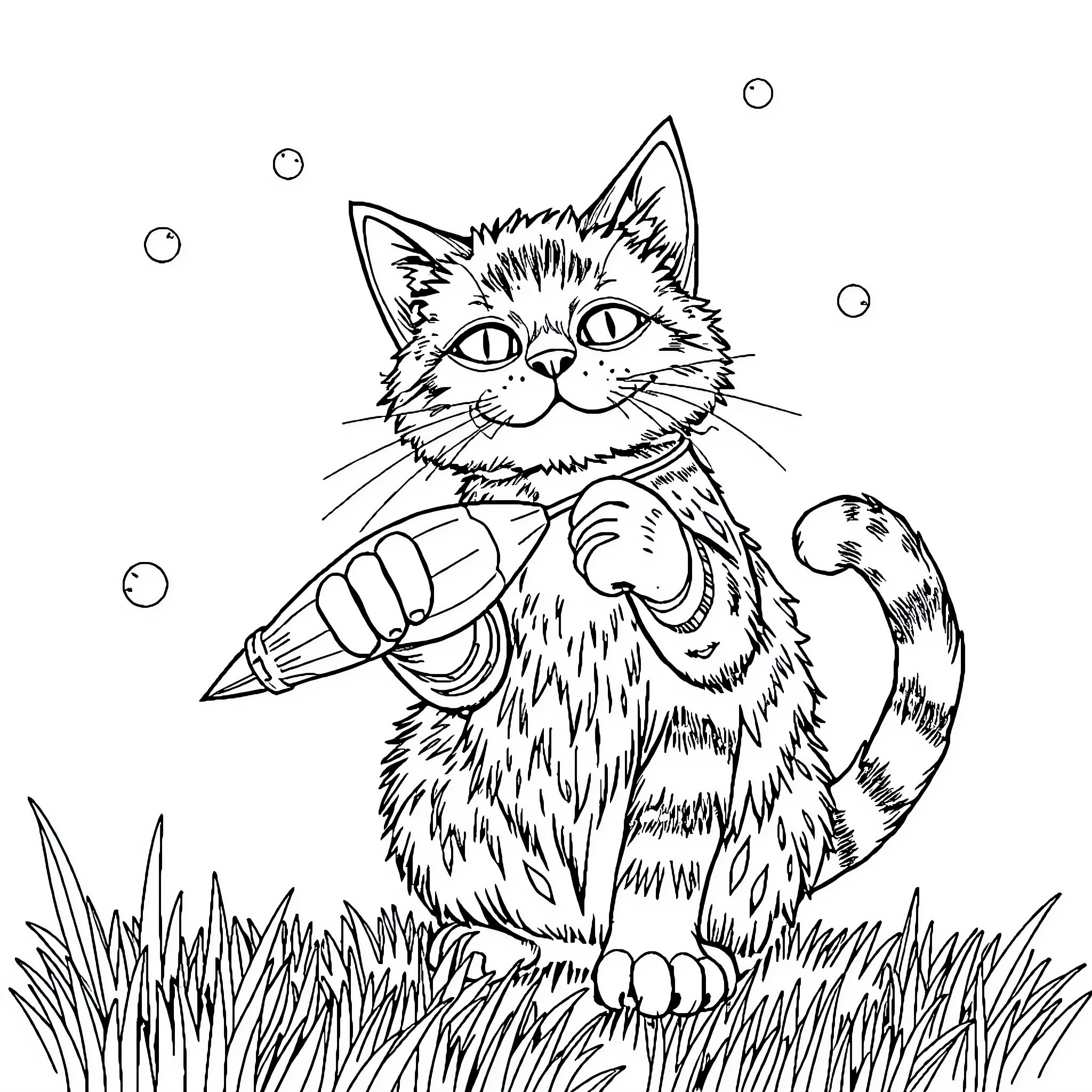 Cat playing with a pencil in the grass Coloring Page (free black-and-white line drawing printable PDF for all, from beginners to advanced learners, including children, teens, adults, and seniors)