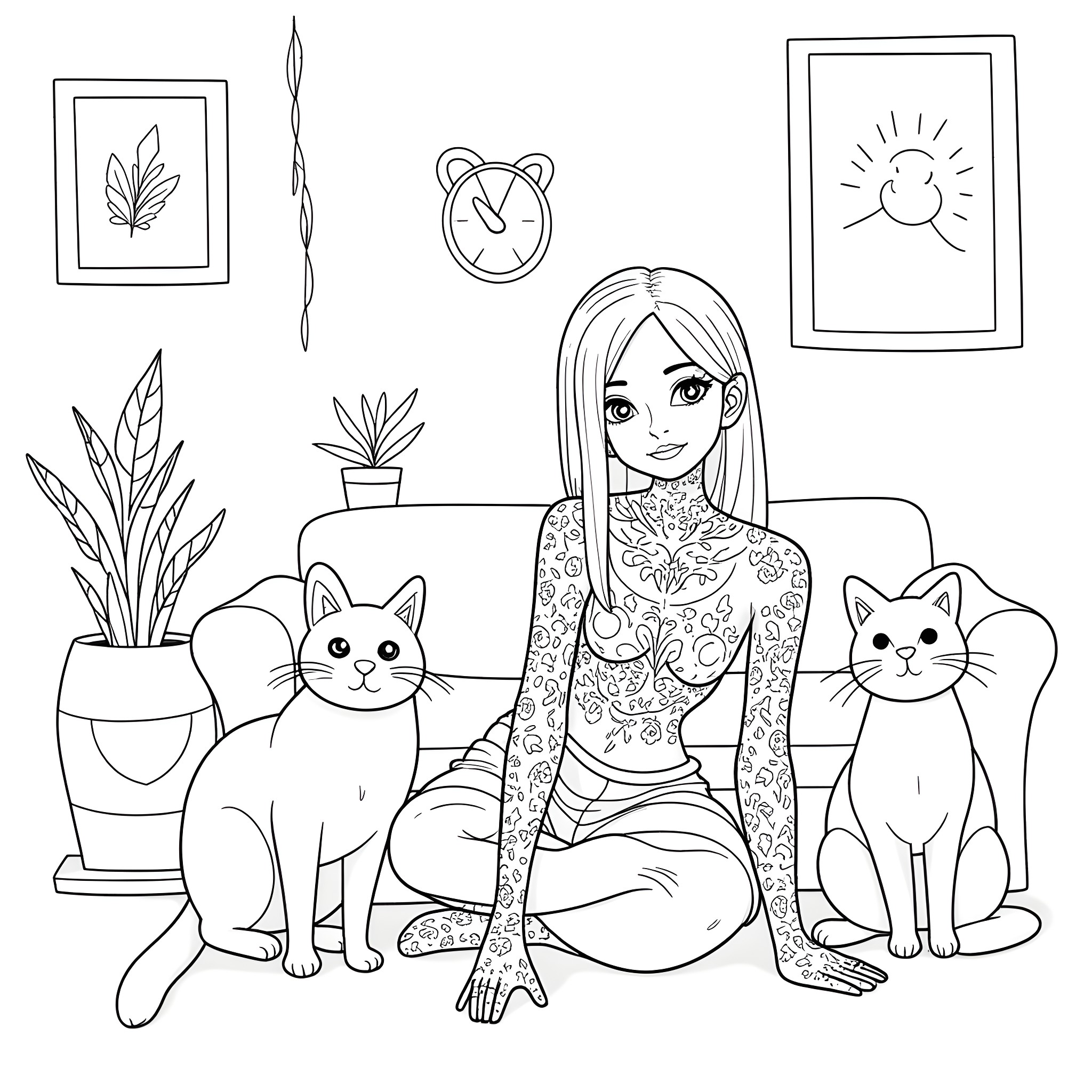 Girl with cats enjoying cozy home environment Coloring Page (free black-and-white line drawing printable PDF for all, from beginners to advanced learners, including children, teens, adults, and seniors)