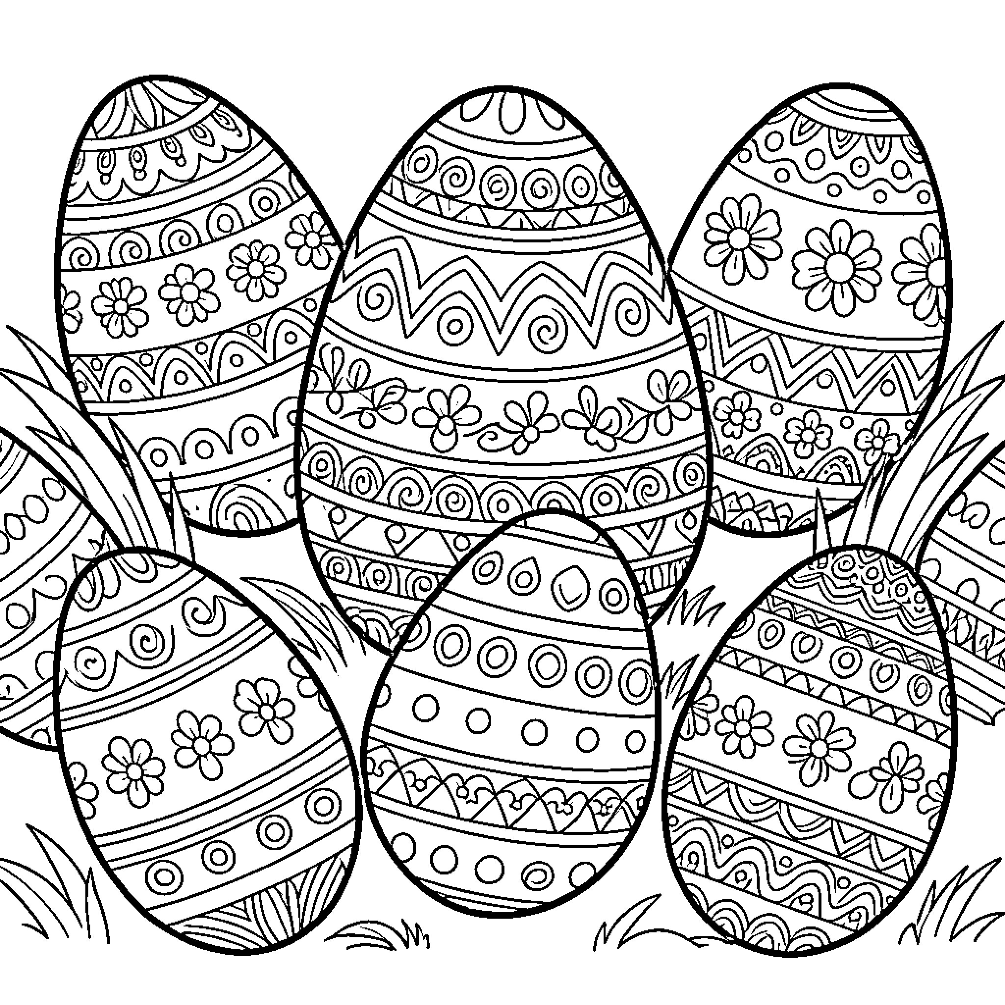 Easter Egg Designs with Intricate Patterns and Flowers Coloring Page (free black-and-white line drawing printable PDF for all, from beginners to advanced learners, including children, teens, adults, and seniors)