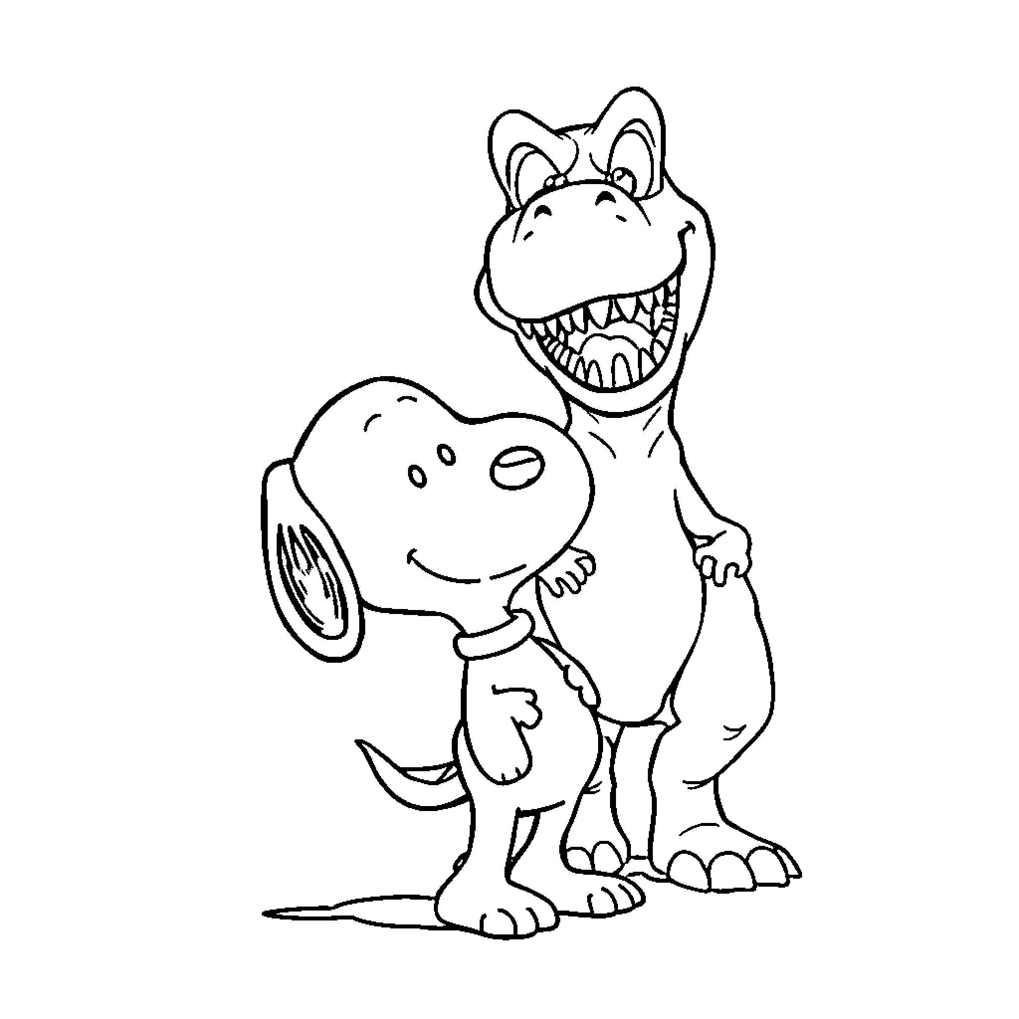 Snoopy and dinosaur friends playing happily Coloring Page (free black-and-white line drawing printable PDF for all, from beginners to advanced learners, including children, teens, adults, and seniors)