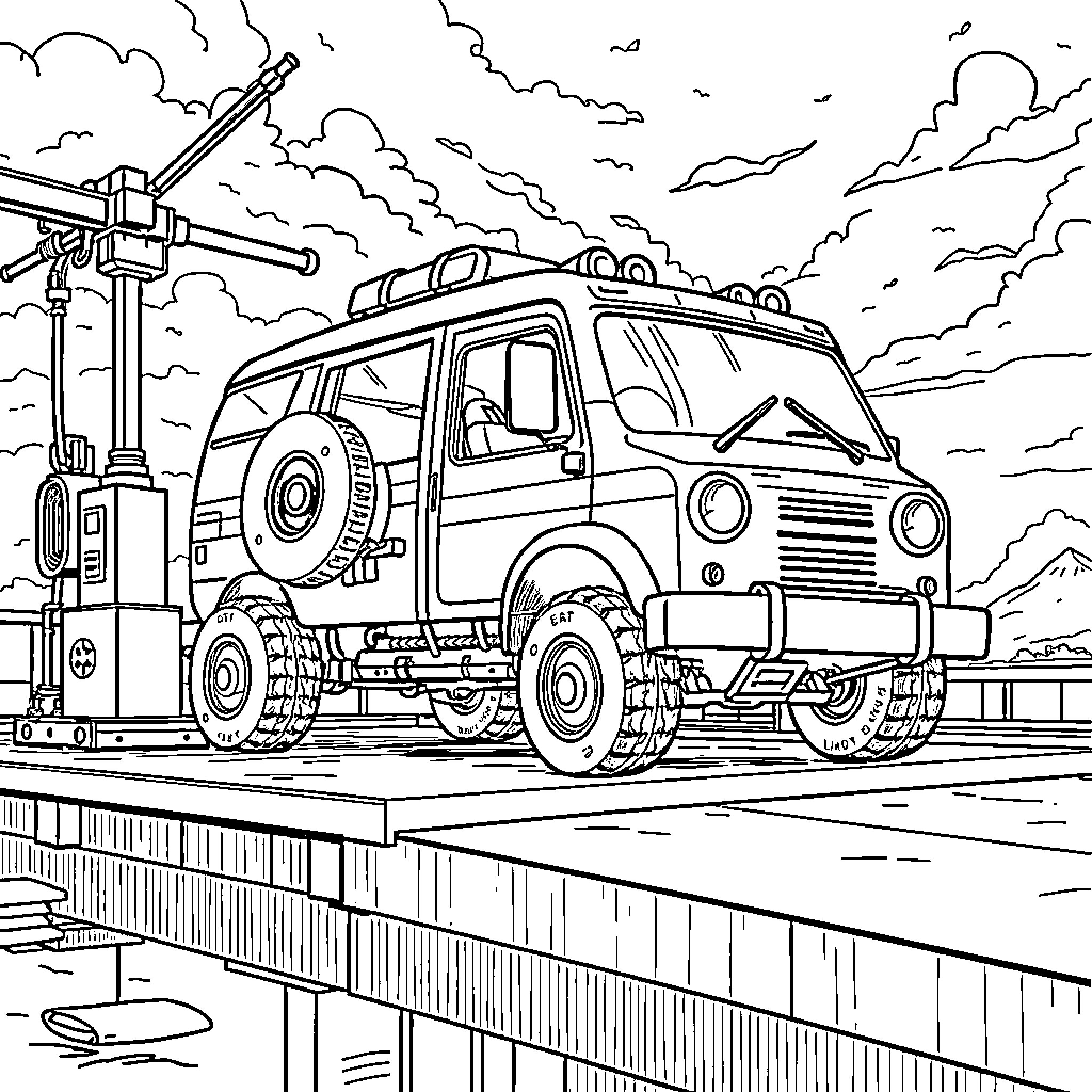 Tow Truck Assisting Vehicle on Road Coloring Page (free black-and-white line drawing printable PDF for all, from beginners to advanced learners, including children, teens, adults, and seniors)
