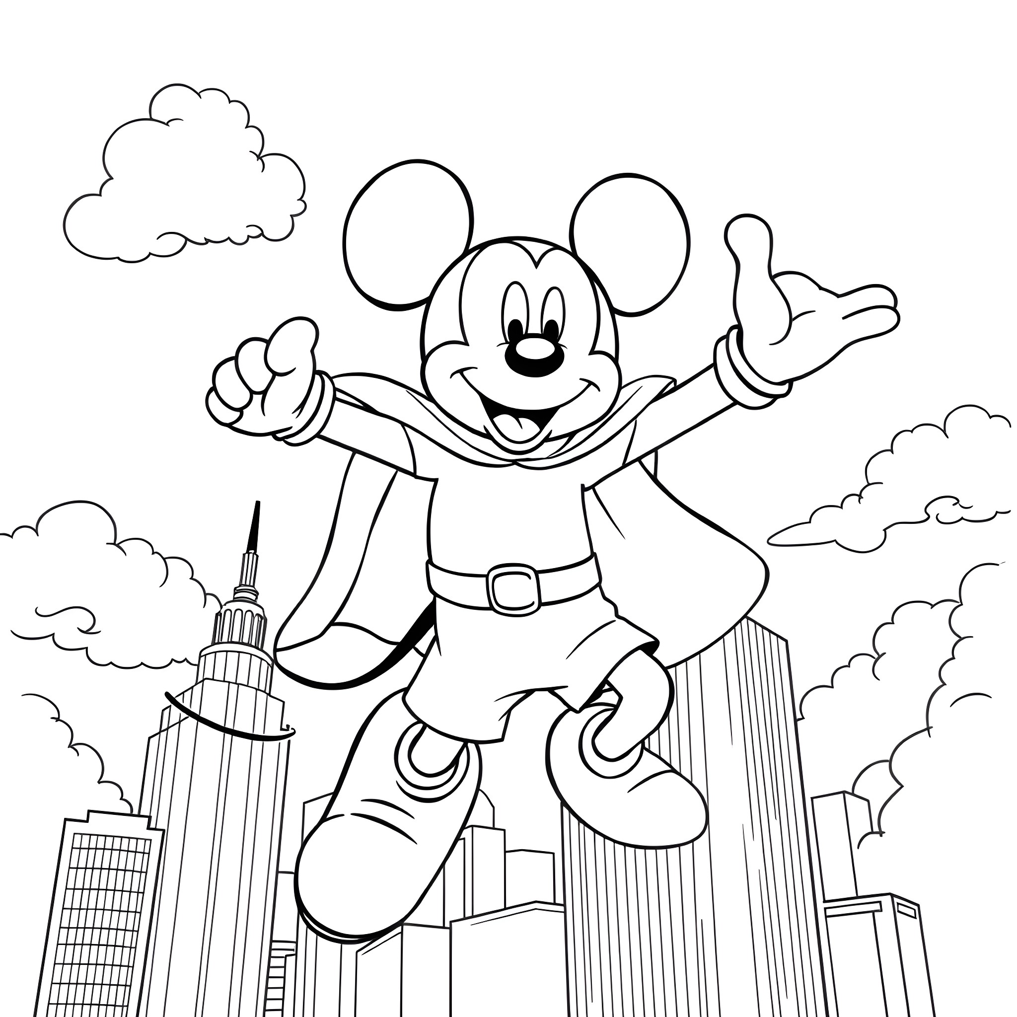 Mickey Mouse leaping through the city skyline Coloring Page (free black-and-white line drawing printable PDF for all, from beginners to advanced learners, including children, teens, adults, and seniors)