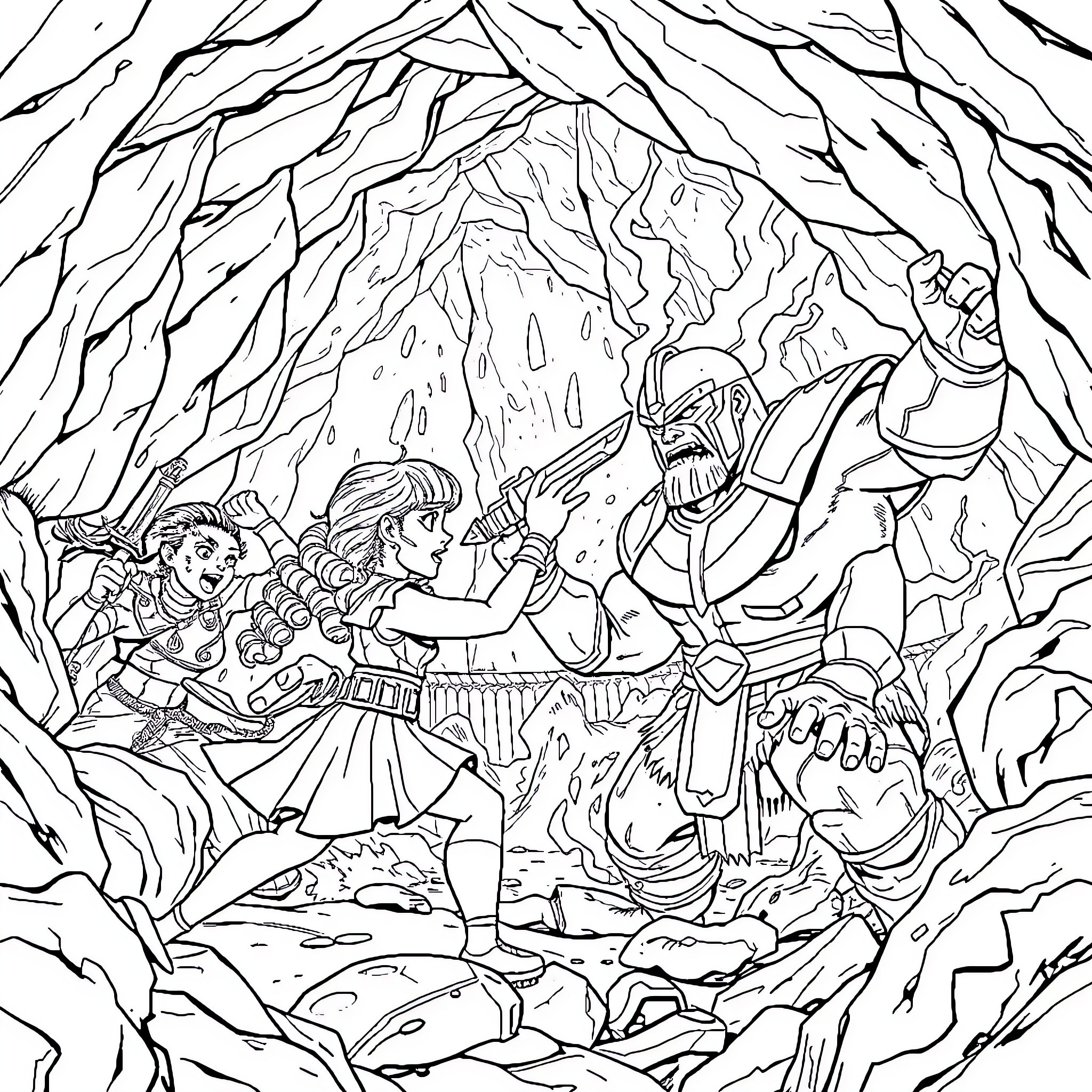 Pipi Longstocking battles fearsome foes in a fantastical realm Coloring Page (free black-and-white line drawing printable PDF for all, from beginners to advanced learners, including children, teens, adults, and seniors)